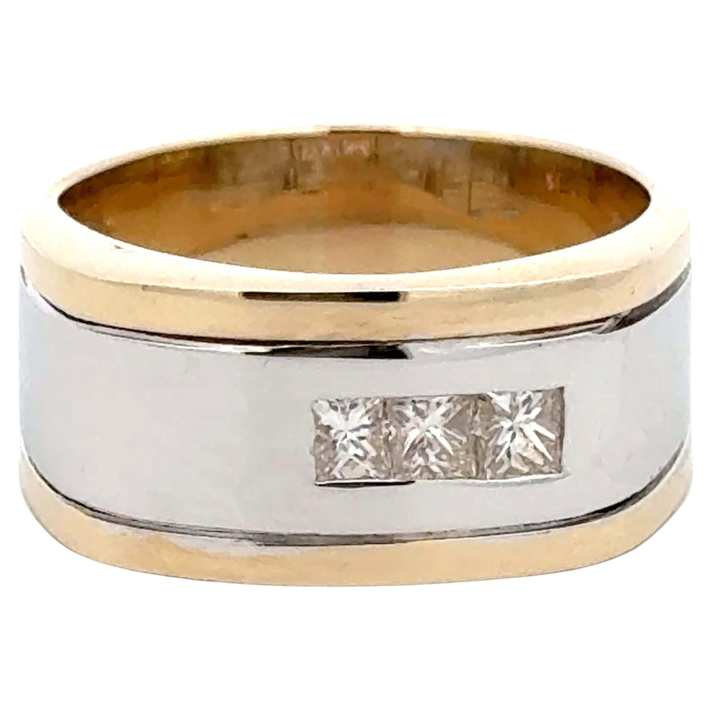 3 Princess Cut Diamond Band Ring Two Toned 18k Gold