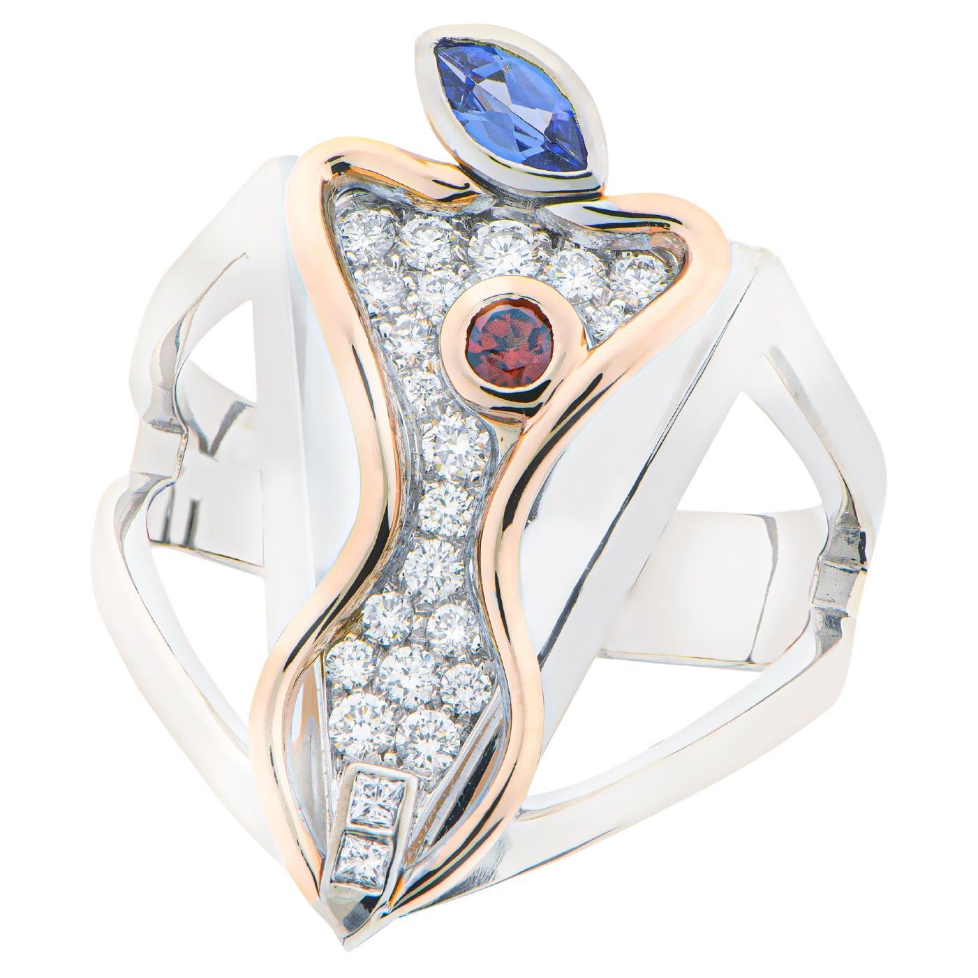 "3 Punti" Love Collection Ring 18k Gold 
Brilliants, Tanzanite 
Garnet stone. For Sale