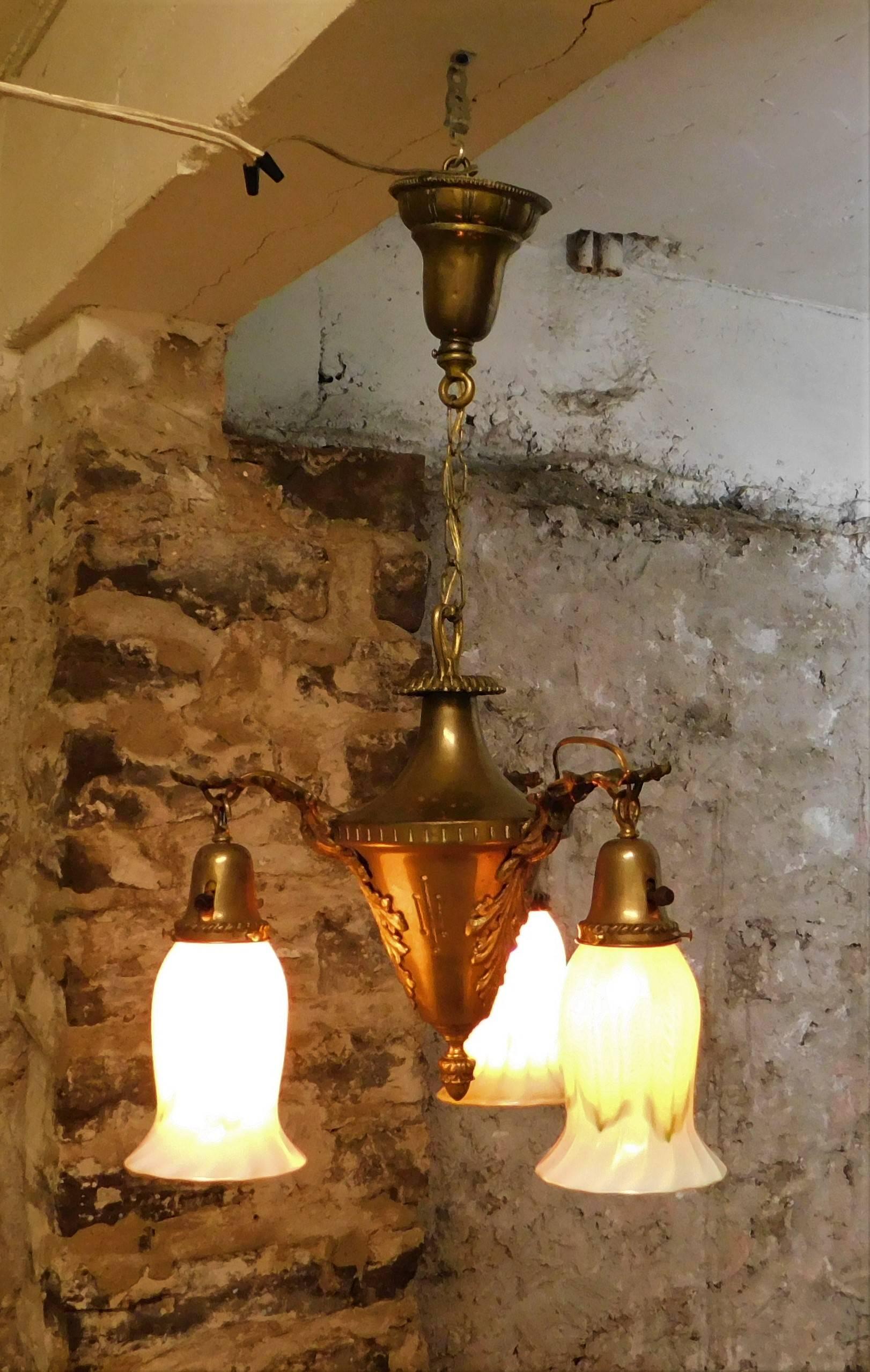 Brass Art Nouveau Chandelier with Quezal Shades For Sale