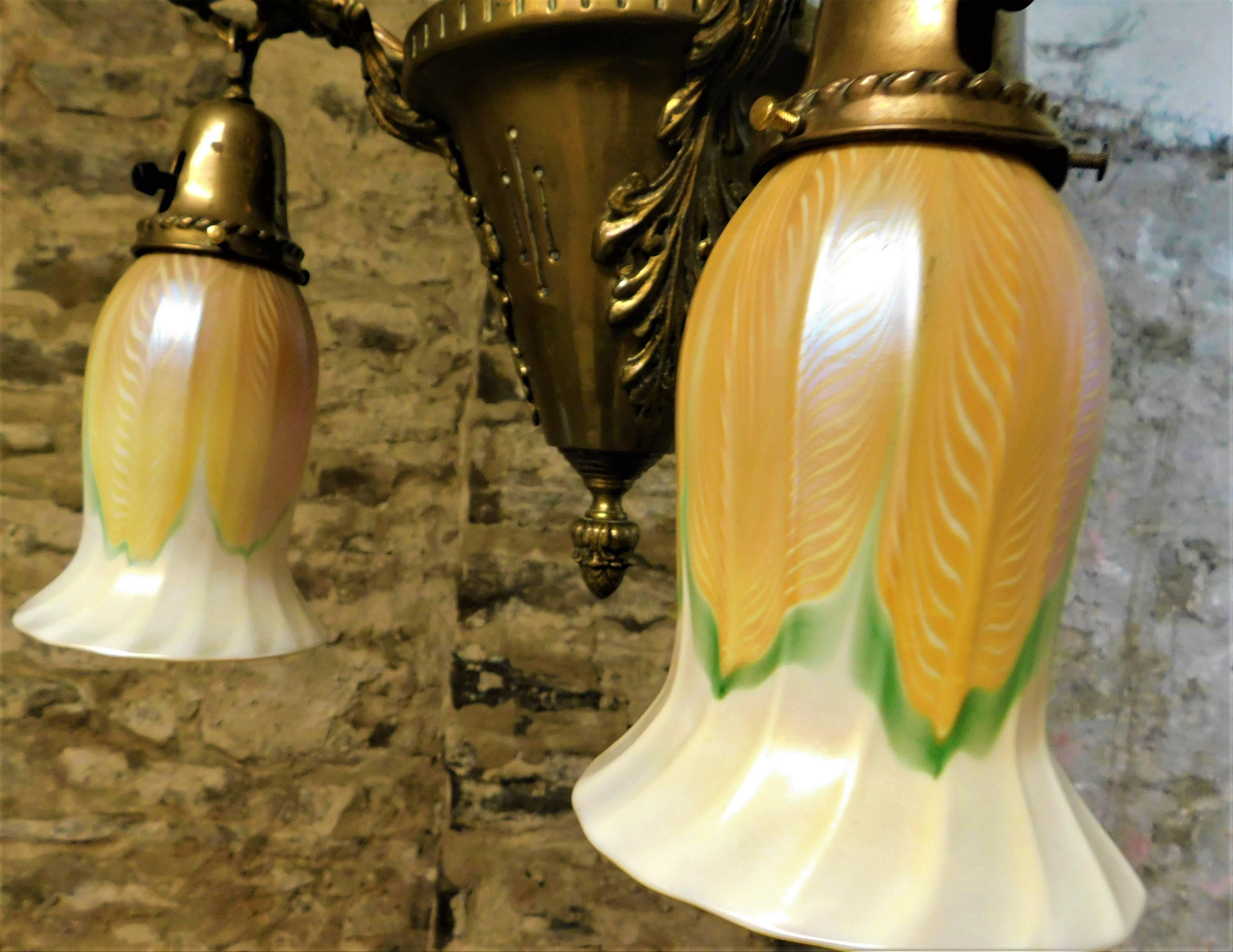 Art Nouveau Chandelier with Quezal Shades 2