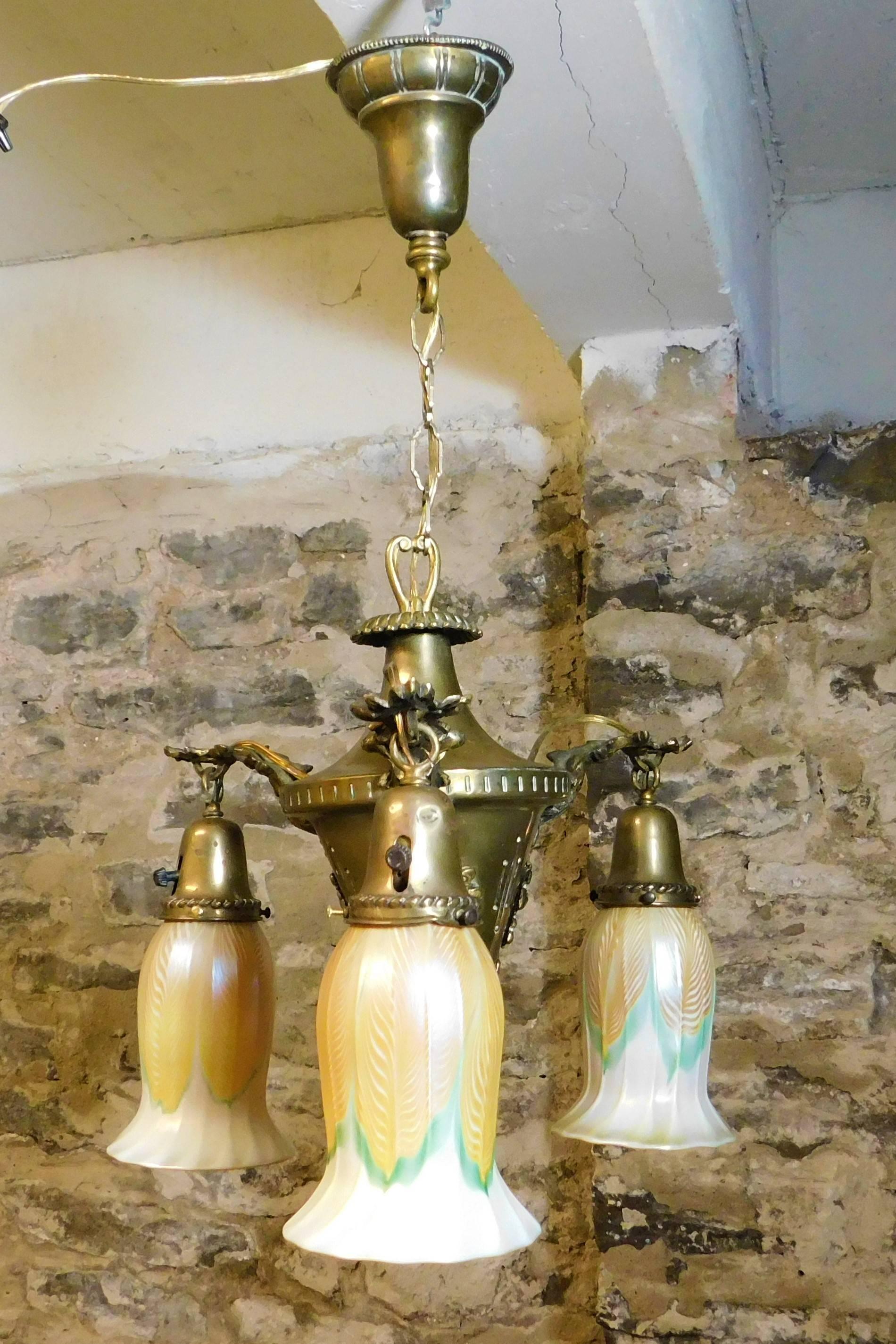 Hand-Crafted Art Nouveau Chandelier with Quezal Shades For Sale