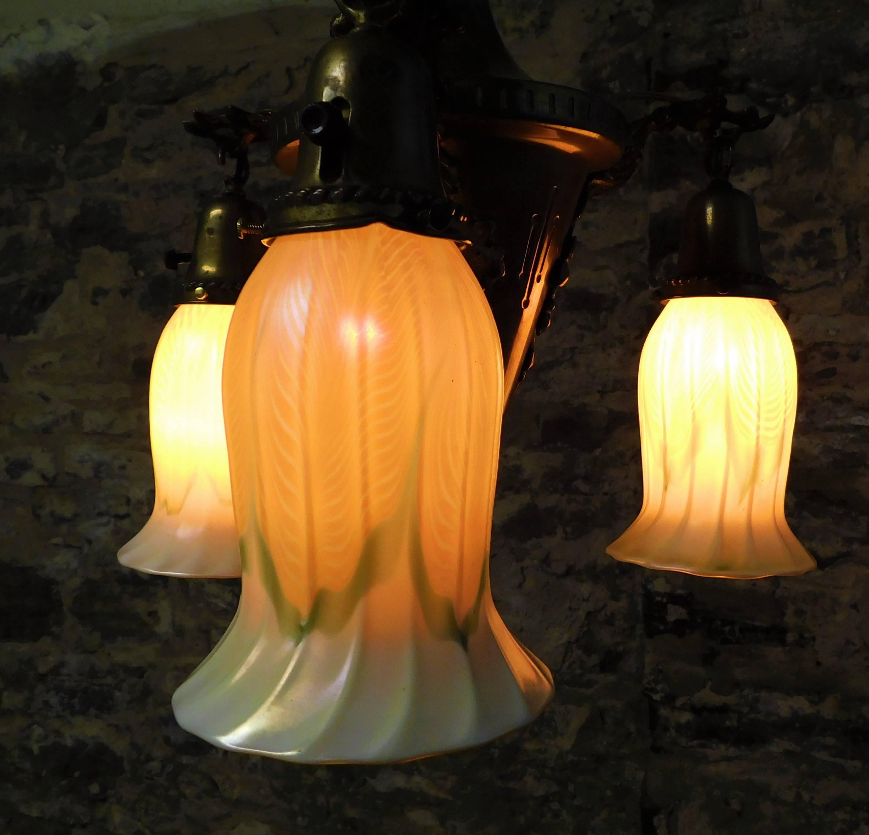 Hand-Crafted Art Nouveau Chandelier with Quezal Shades For Sale