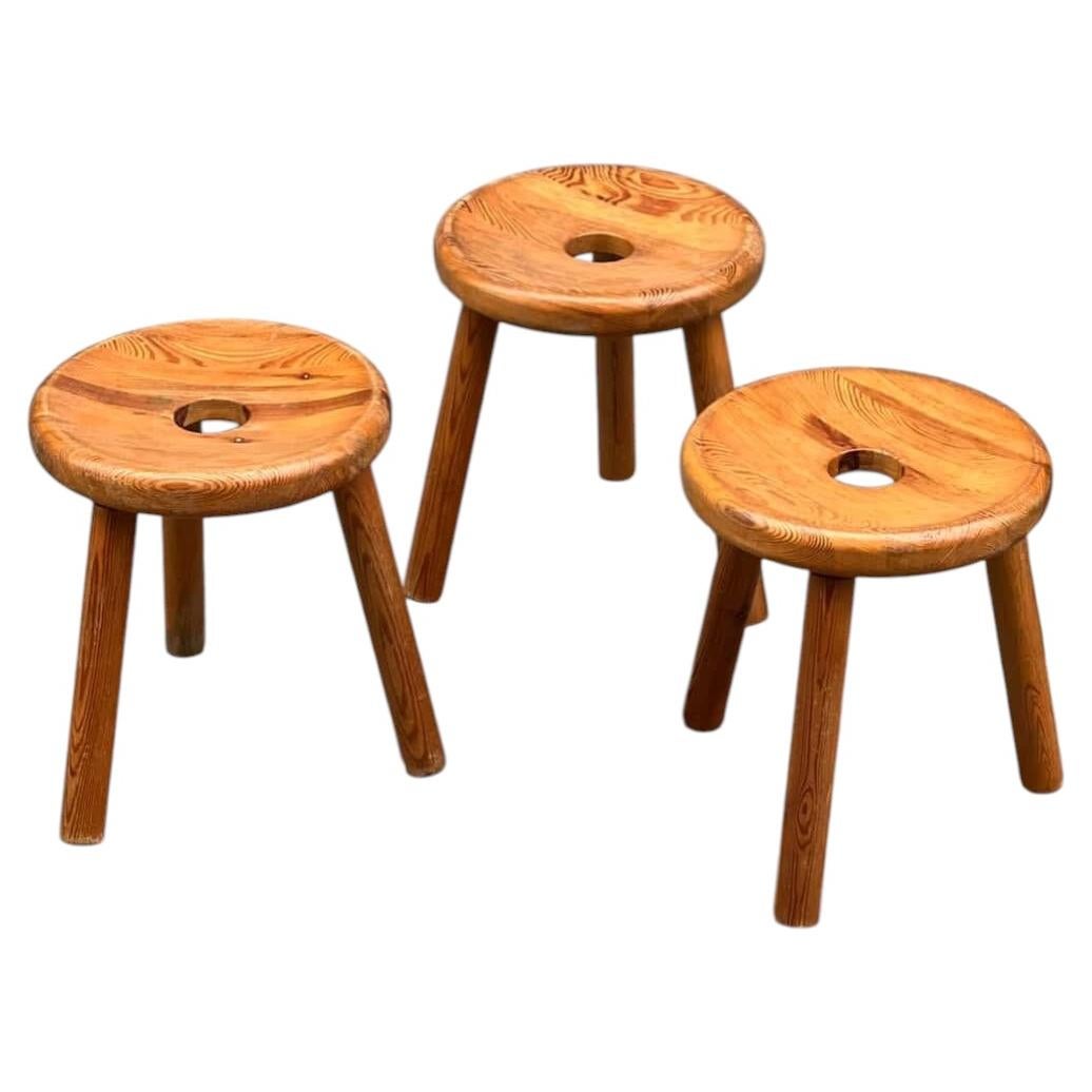 3 rare finish Bertil Gardberg pine stools, 1950s, Handmade For Sale