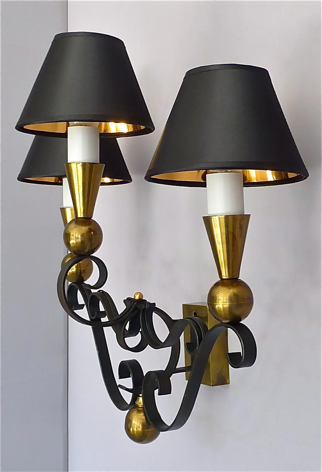 3 Rare Sconces Poillerat Adnet Style Black Forged Iron Brass Gold France 1950s For Sale 3