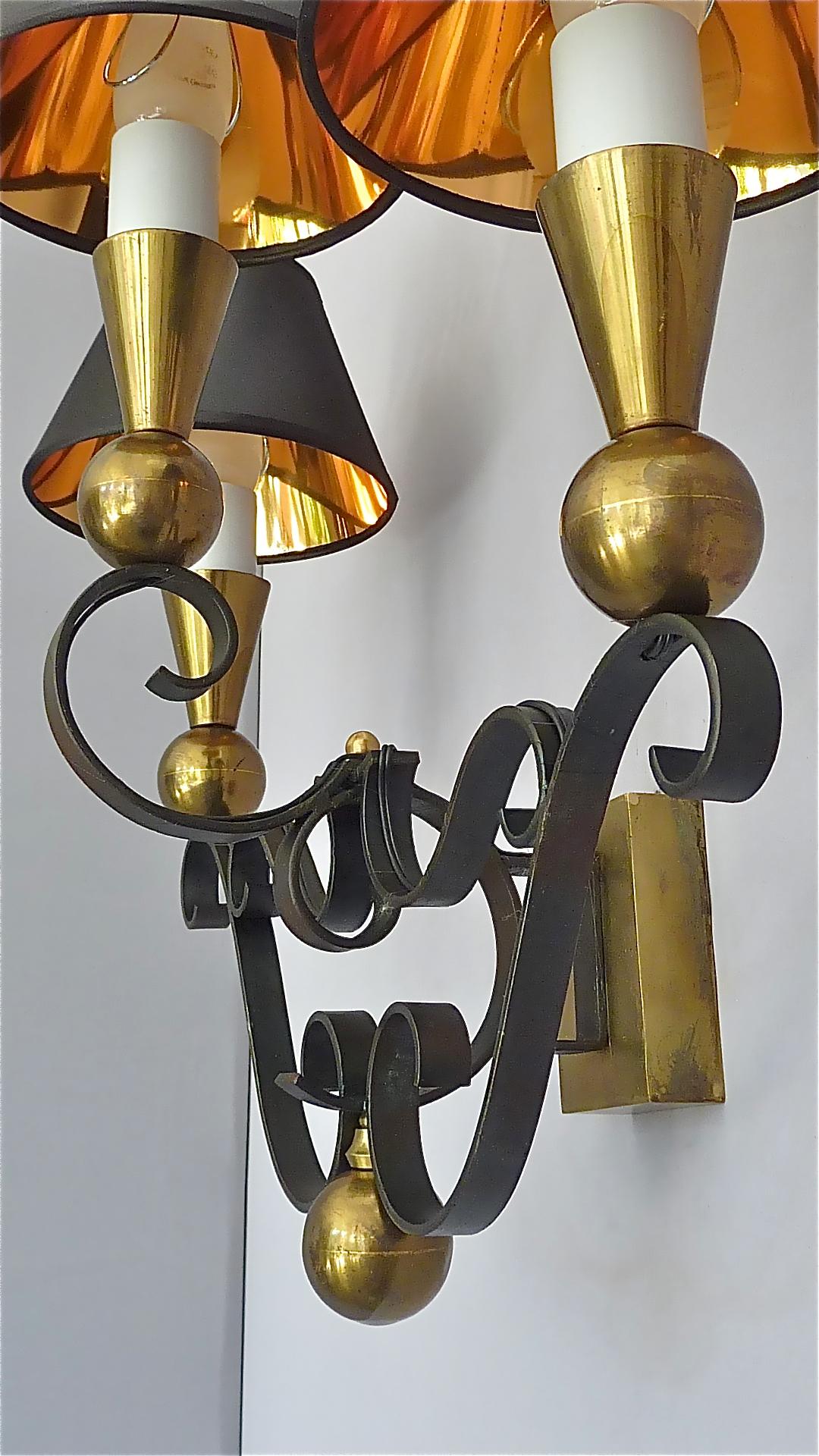 3 Rare Sconces Poillerat Adnet Style Black Forged Iron Brass Gold France 1950s For Sale 4