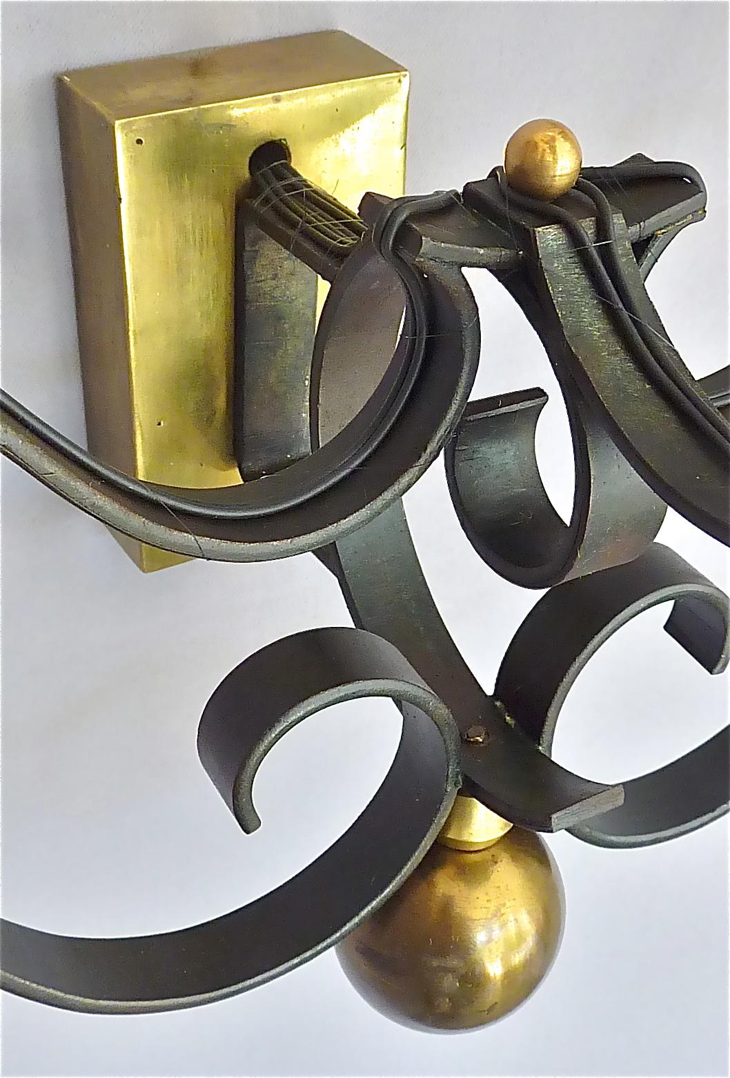 3 Rare Sconces Poillerat Adnet Style Black Forged Iron Brass Gold France 1950s For Sale 5