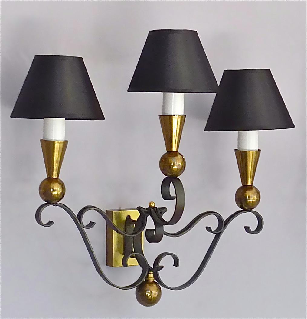 3 Rare Sconces Poillerat Adnet Style Black Forged Iron Brass Gold France 1950s For Sale 6
