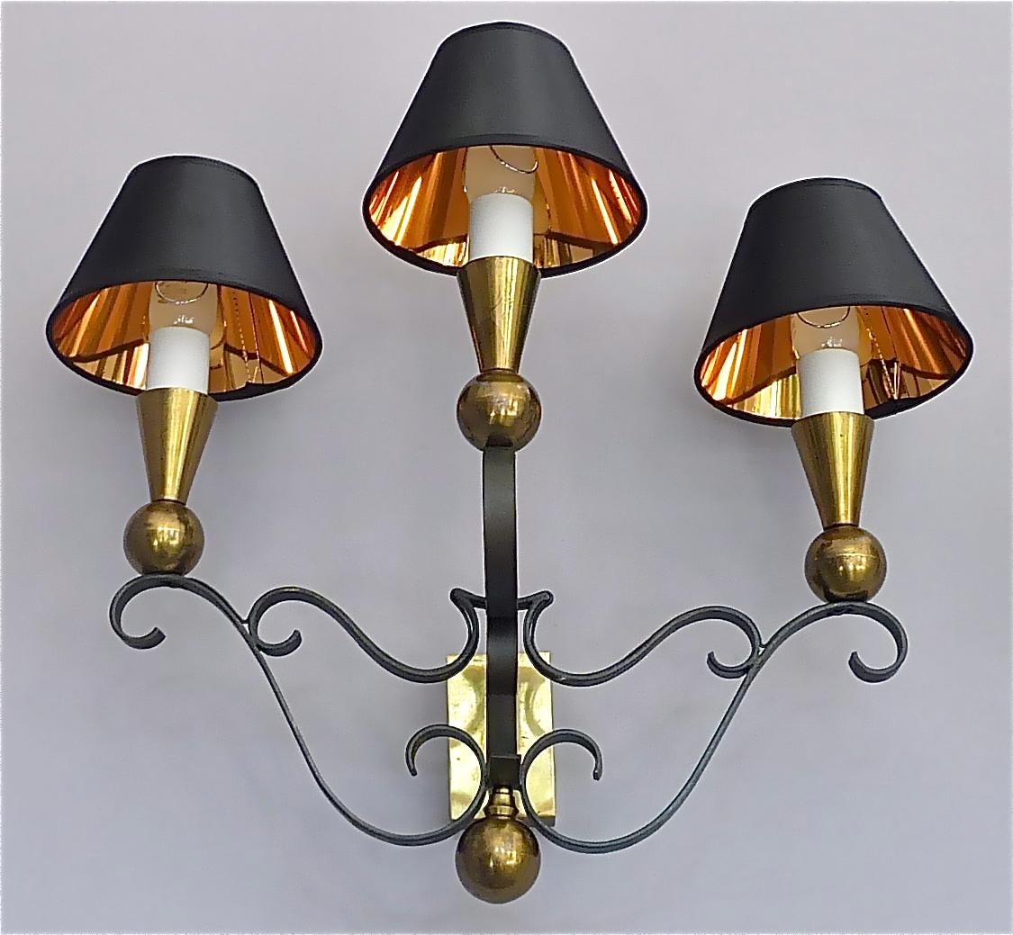 3 Rare Sconces Poillerat Adnet Style Black Forged Iron Brass Gold France 1950s For Sale 7