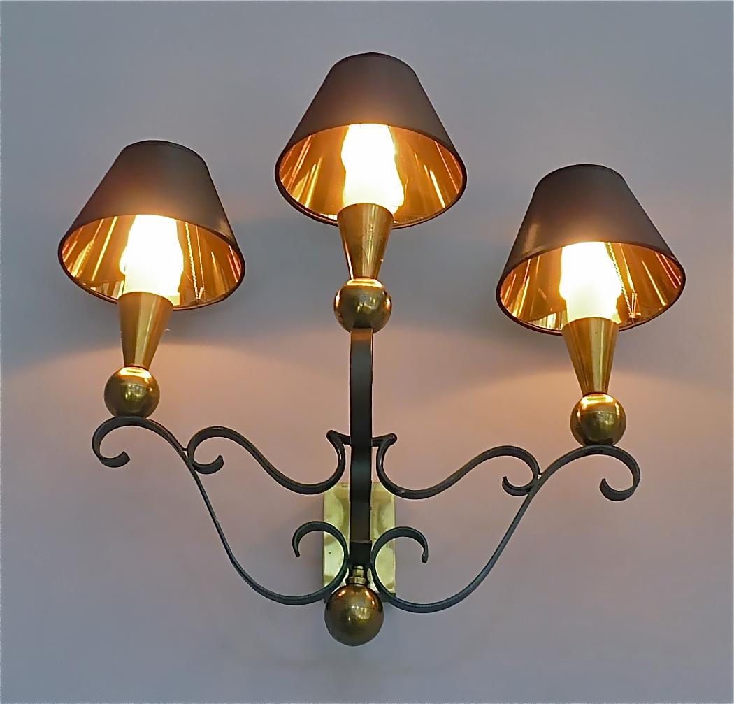 3 Rare Sconces Poillerat Adnet Style Black Forged Iron Brass Gold France 1950s For Sale 8