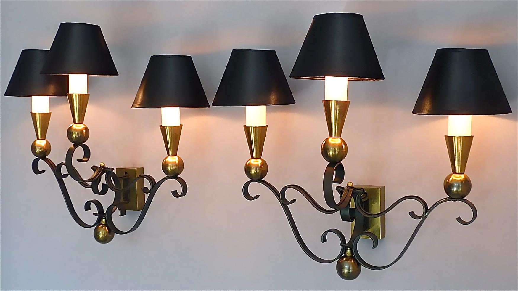 3 Rare Sconces Poillerat Adnet Style Black Forged Iron Brass Gold France 1950s For Sale 9