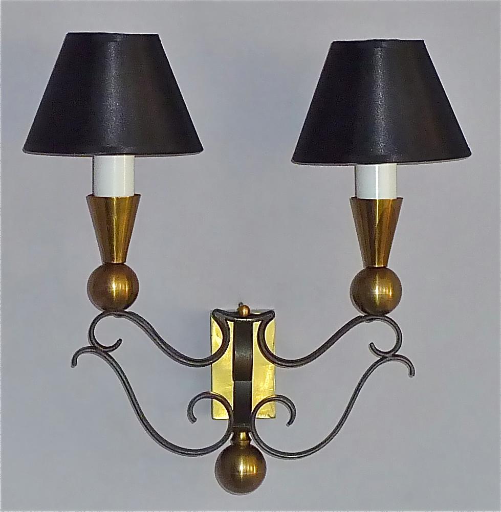 3 Rare Sconces Poillerat Adnet Style Black Forged Iron Brass Gold France 1950s For Sale 10