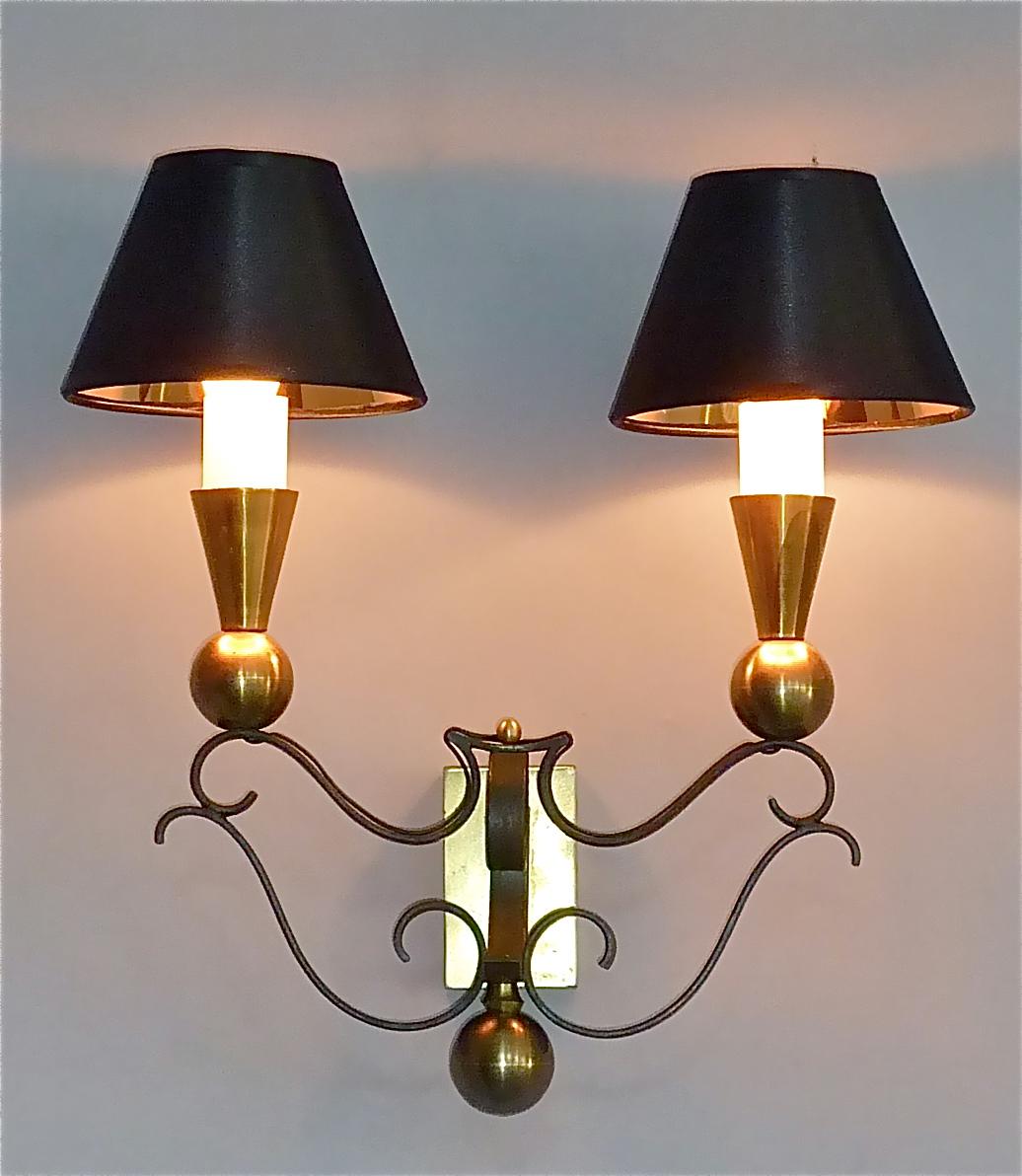 3 Rare Sconces Poillerat Adnet Style Black Forged Iron Brass Gold France 1950s For Sale 11