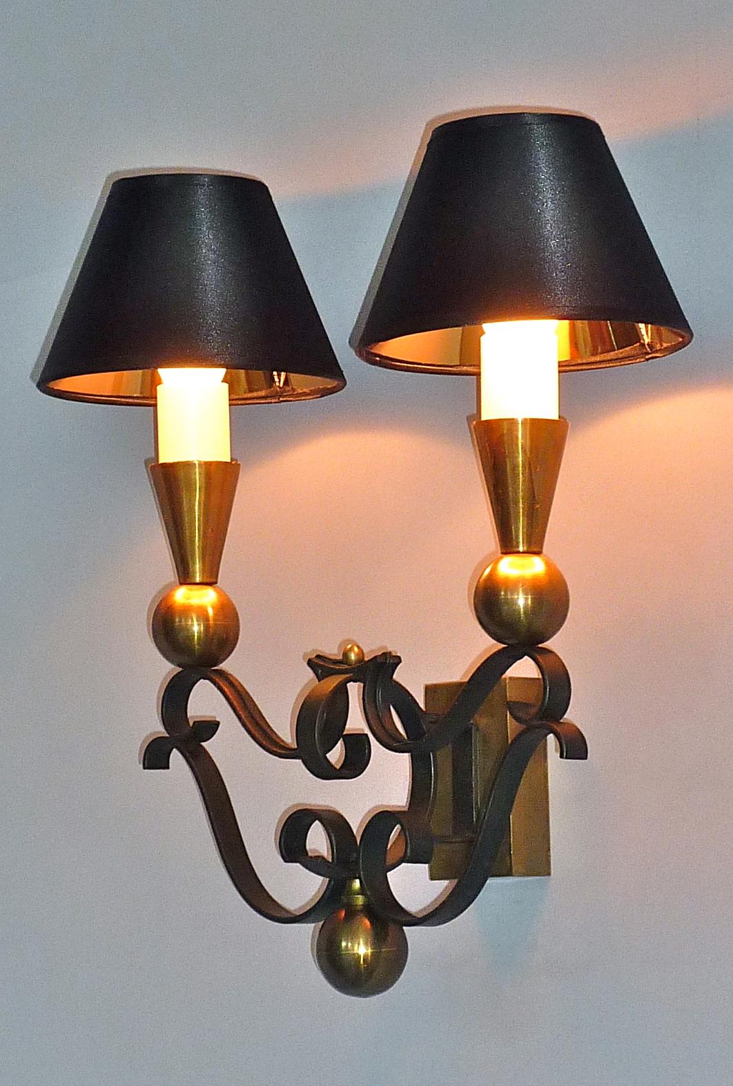 3 Rare Sconces Poillerat Adnet Style Black Forged Iron Brass Gold France 1950s For Sale 12
