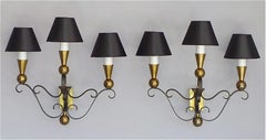 3 Rare Sconces Poillerat Adnet Style Black Forged Iron Brass Gold France 1950s