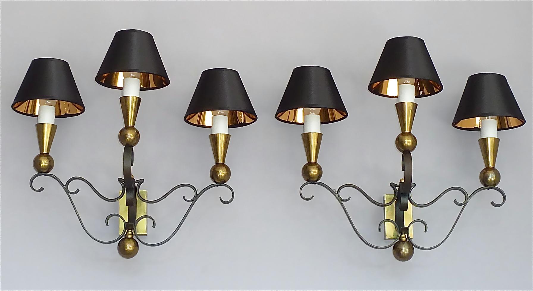 Mid-Century Modern 3 Rare Sconces Poillerat Adnet Style Black Forged Iron Brass Gold France 1950s For Sale