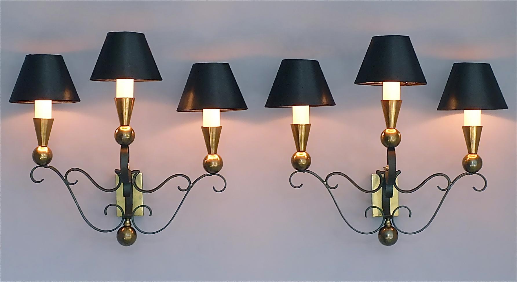 French 3 Rare Sconces Poillerat Adnet Style Black Forged Iron Brass Gold France 1950s For Sale