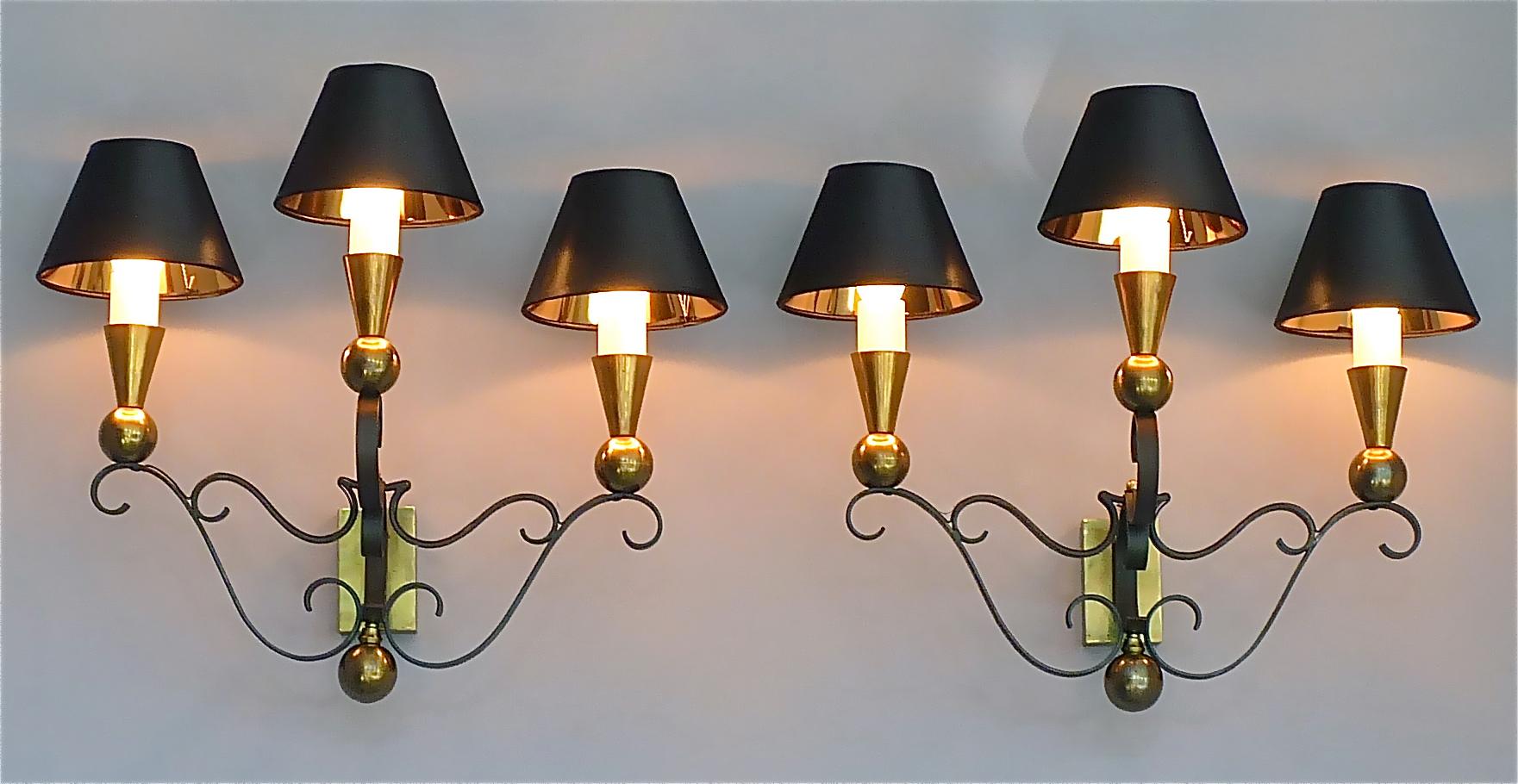 Blackened 3 Rare Sconces Poillerat Adnet Style Black Forged Iron Brass Gold France 1950s For Sale