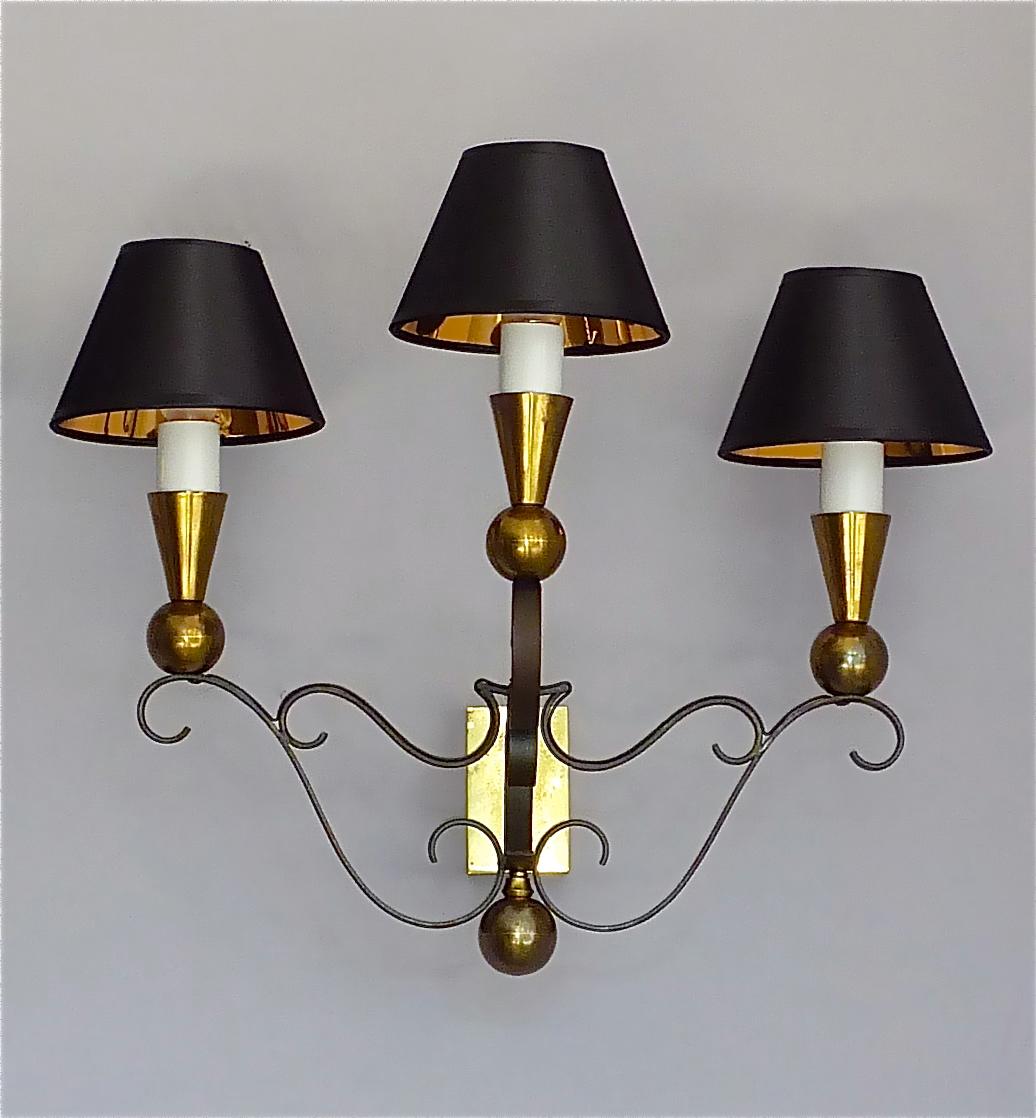 Mid-20th Century 3 Rare Sconces Poillerat Adnet Style Black Forged Iron Brass Gold France 1950s For Sale