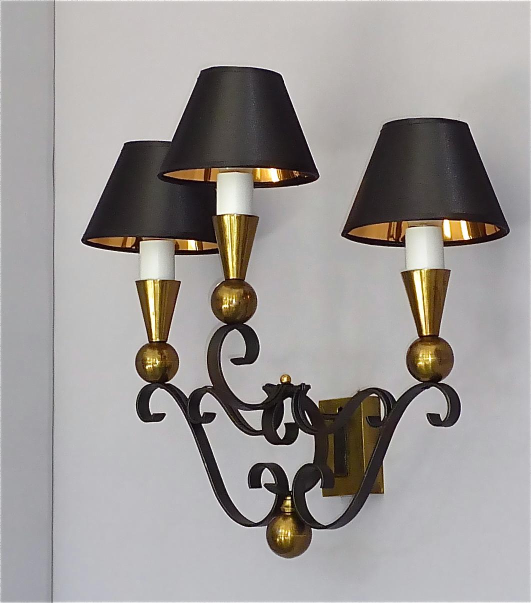 3 Rare Sconces Poillerat Adnet Style Black Forged Iron Brass Gold France 1950s For Sale 1