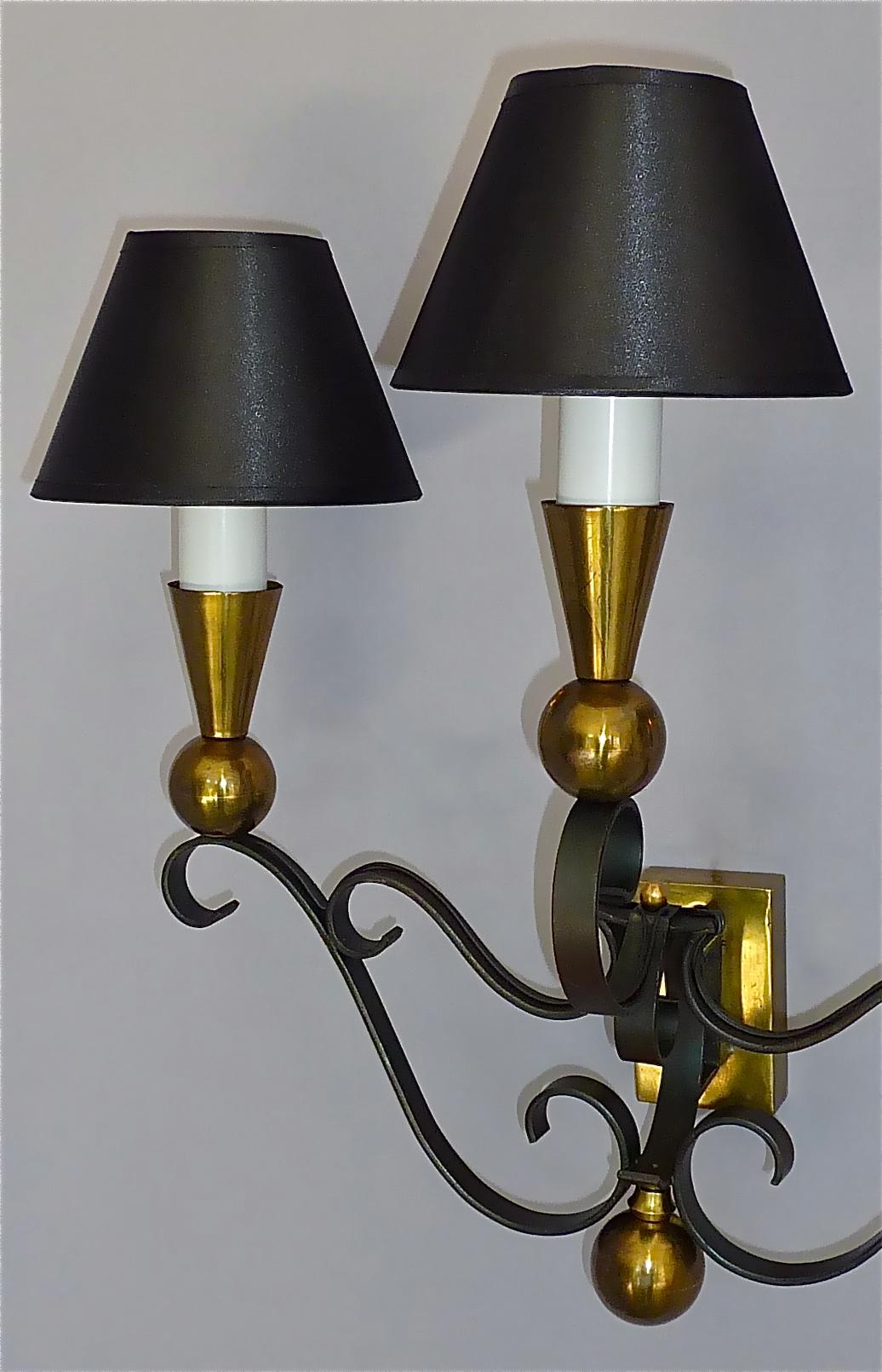 3 Rare Sconces Poillerat Adnet Style Black Forged Iron Brass Gold France 1950s For Sale 2