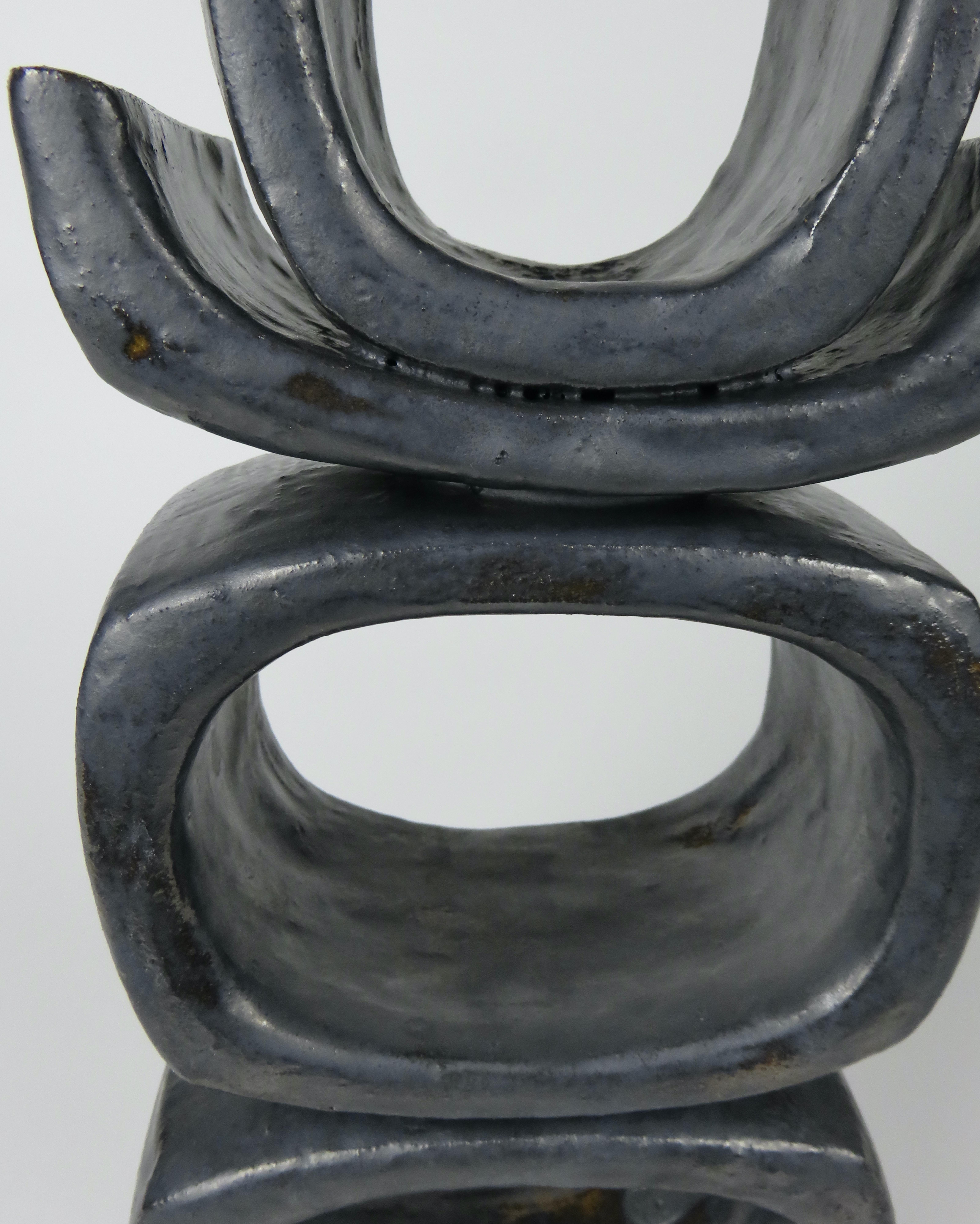 3 Rectangular Ovals on Short Angled Legs, Metallic Black-Glaze Clay Sculpture #2 For Sale 4