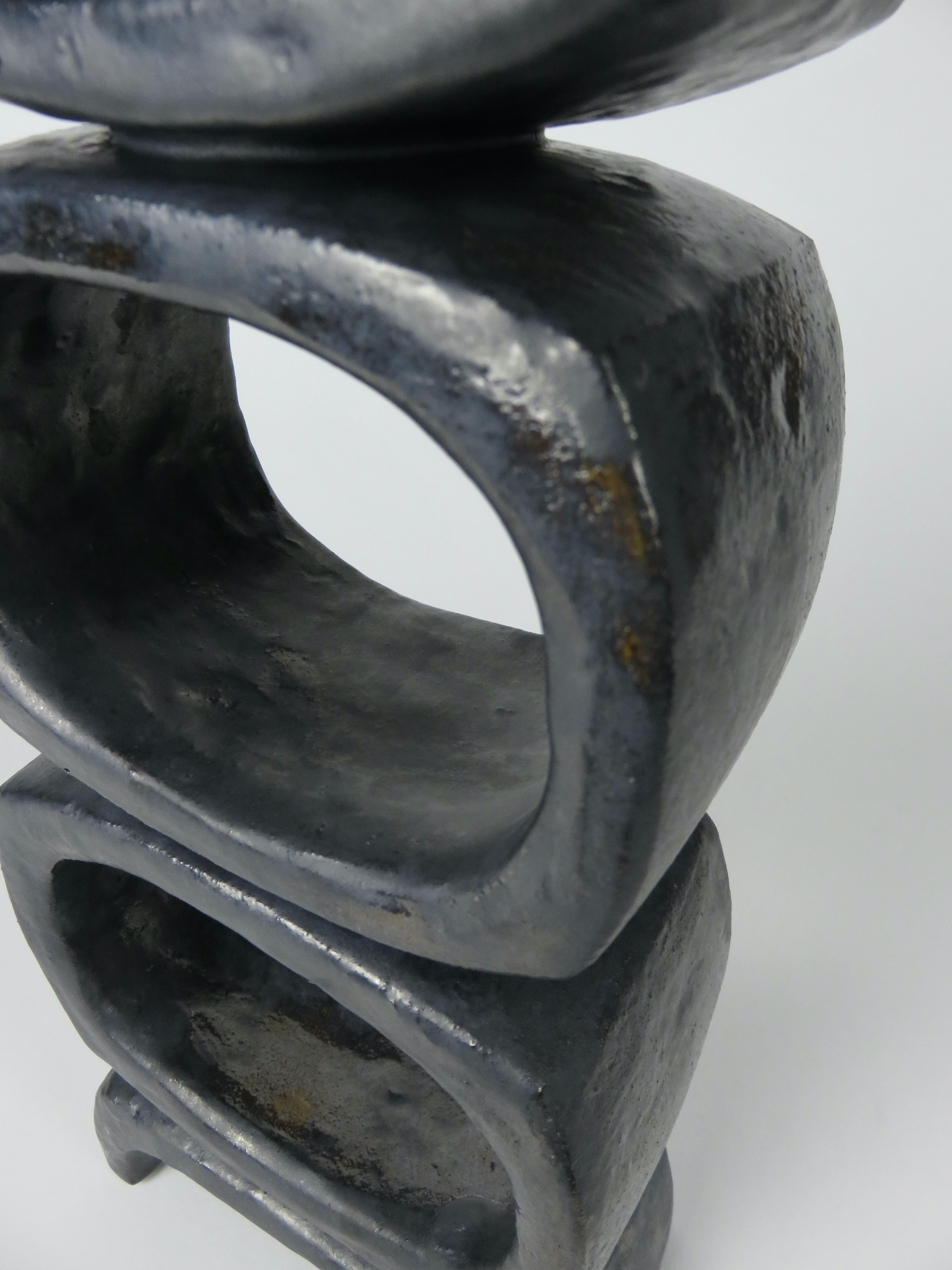 3 Rectangular Ovals on Short Angled Legs, Metallic Black-Glaze Clay Sculpture #2 For Sale 6