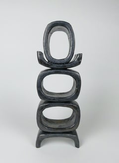 3 Rectangular Ovals on Short Angled Legs, Metallic Black-Glaze Clay Sculpture #2
