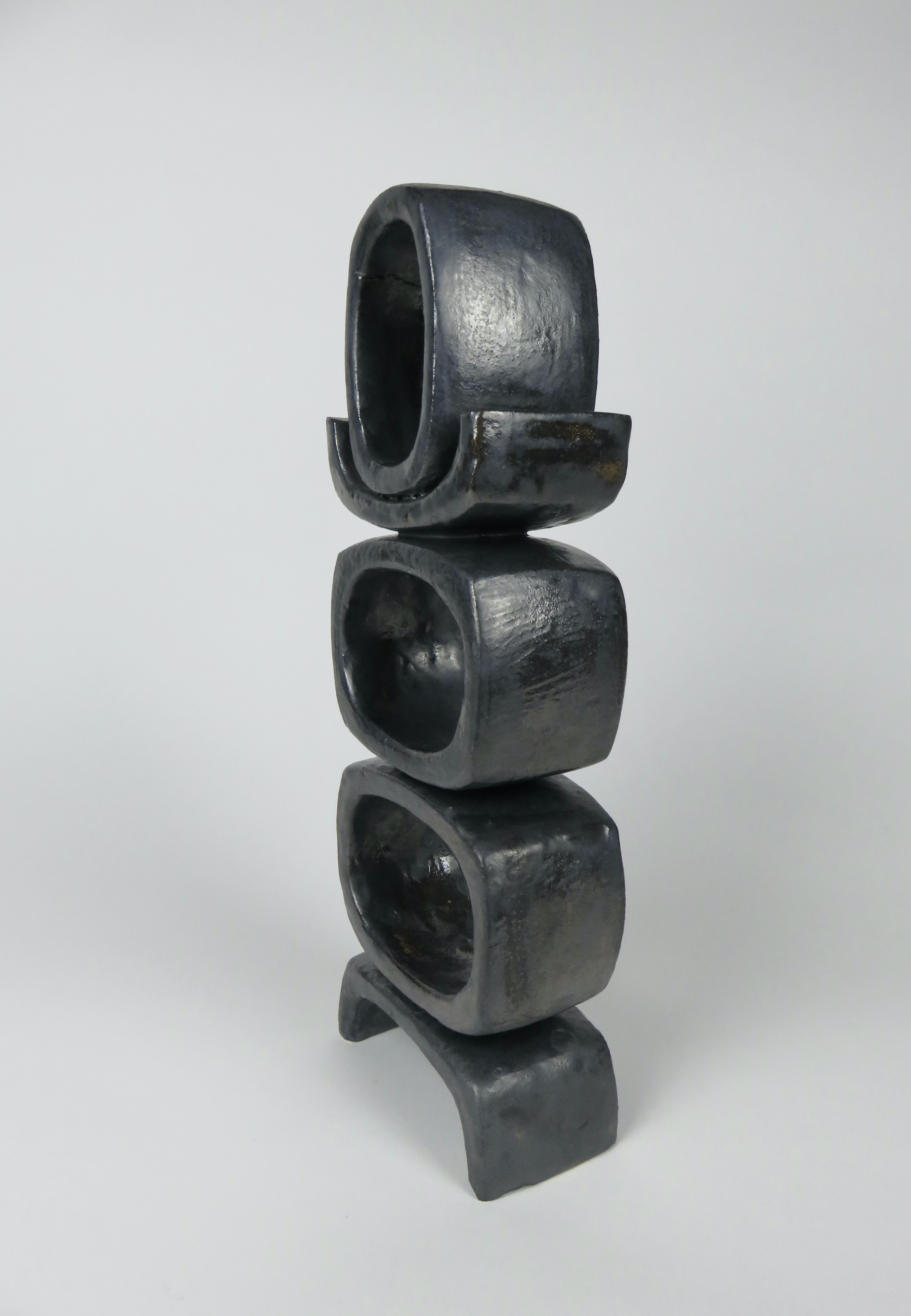 Organic Modern 3 Rectangular Ovals on Short Angled Legs, Metallic Black-Glaze Clay Sculpture #2 For Sale