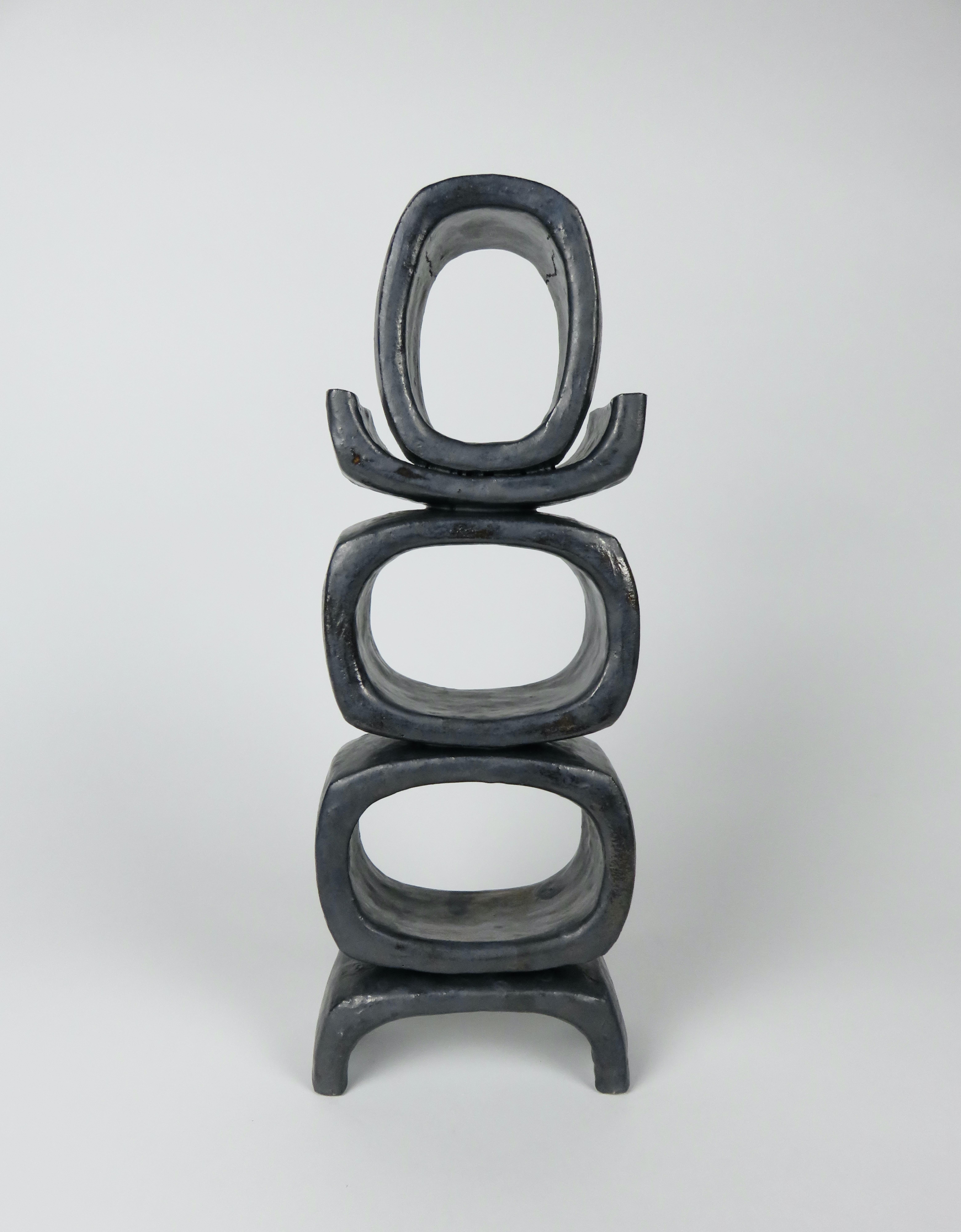 Glazed 3 Rectangular Ovals on Short Angled Legs, Metallic Black-Glaze Clay Sculpture #2 For Sale