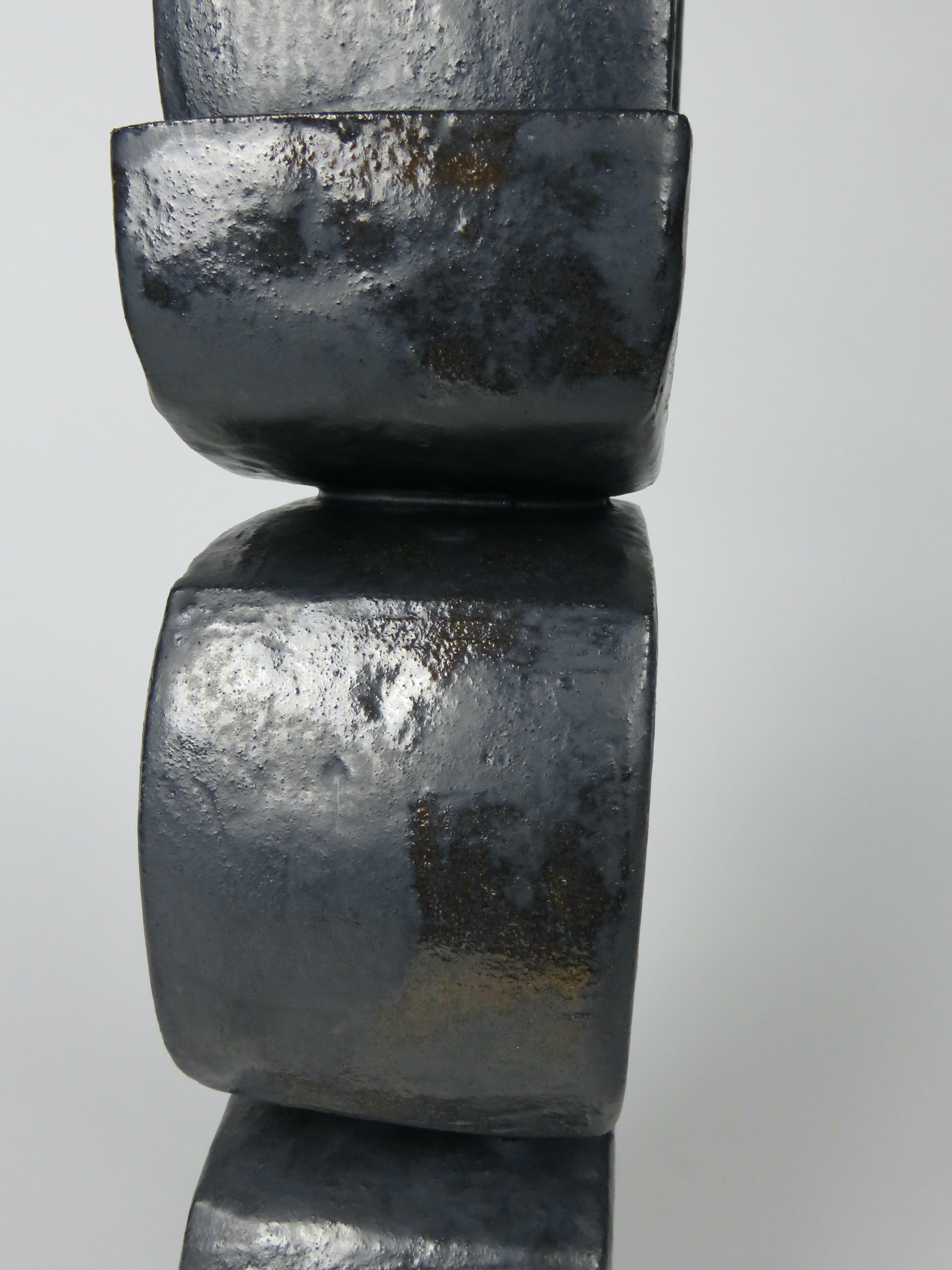 Contemporary 3 Rectangular Ovals on Short Angled Legs, Metallic Black-Glaze Clay Sculpture #2 For Sale