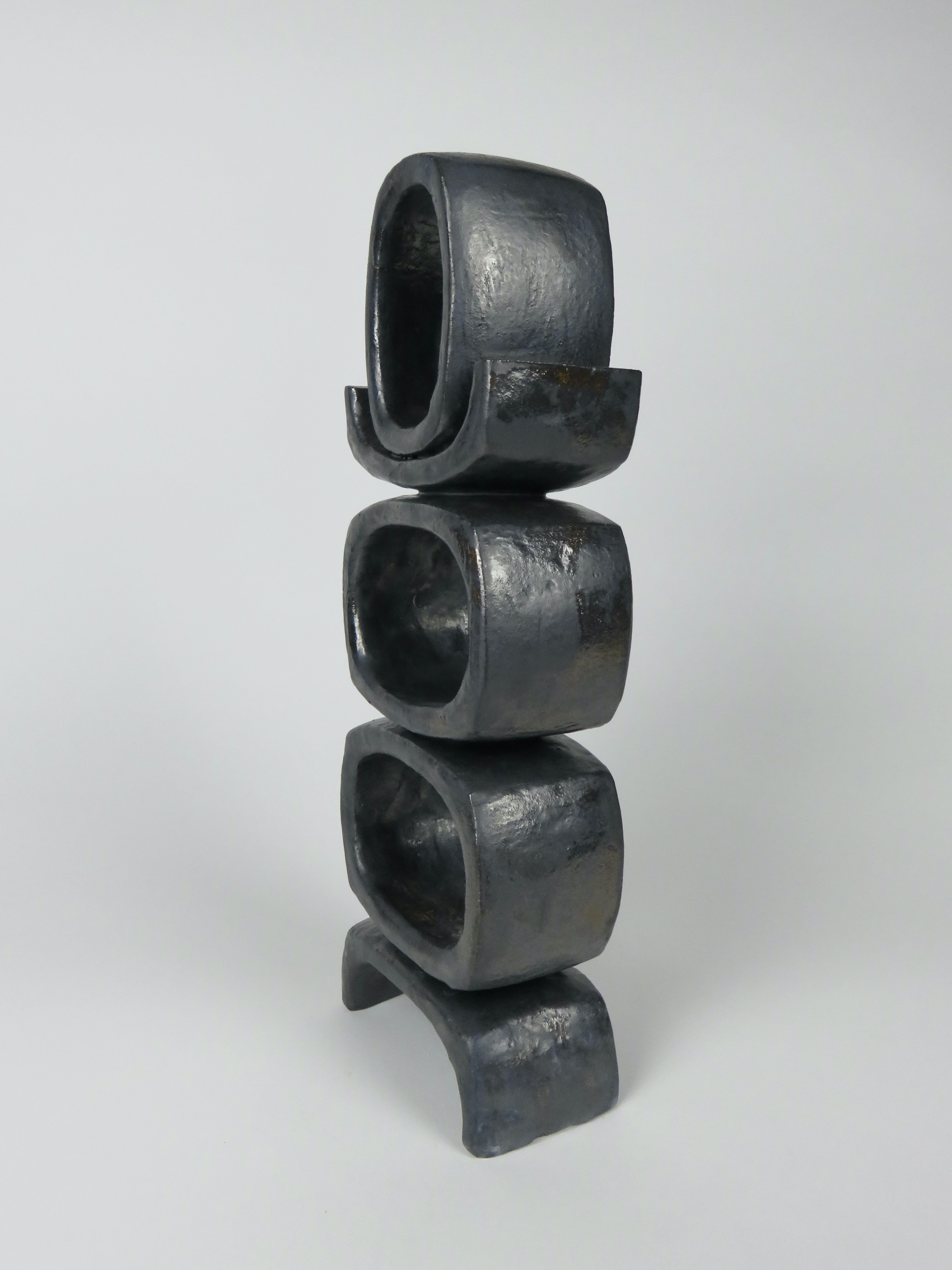 Ceramic 3 Rectangular Ovals on Short Angled Legs, Metallic Black-Glaze Clay Sculpture #2 For Sale