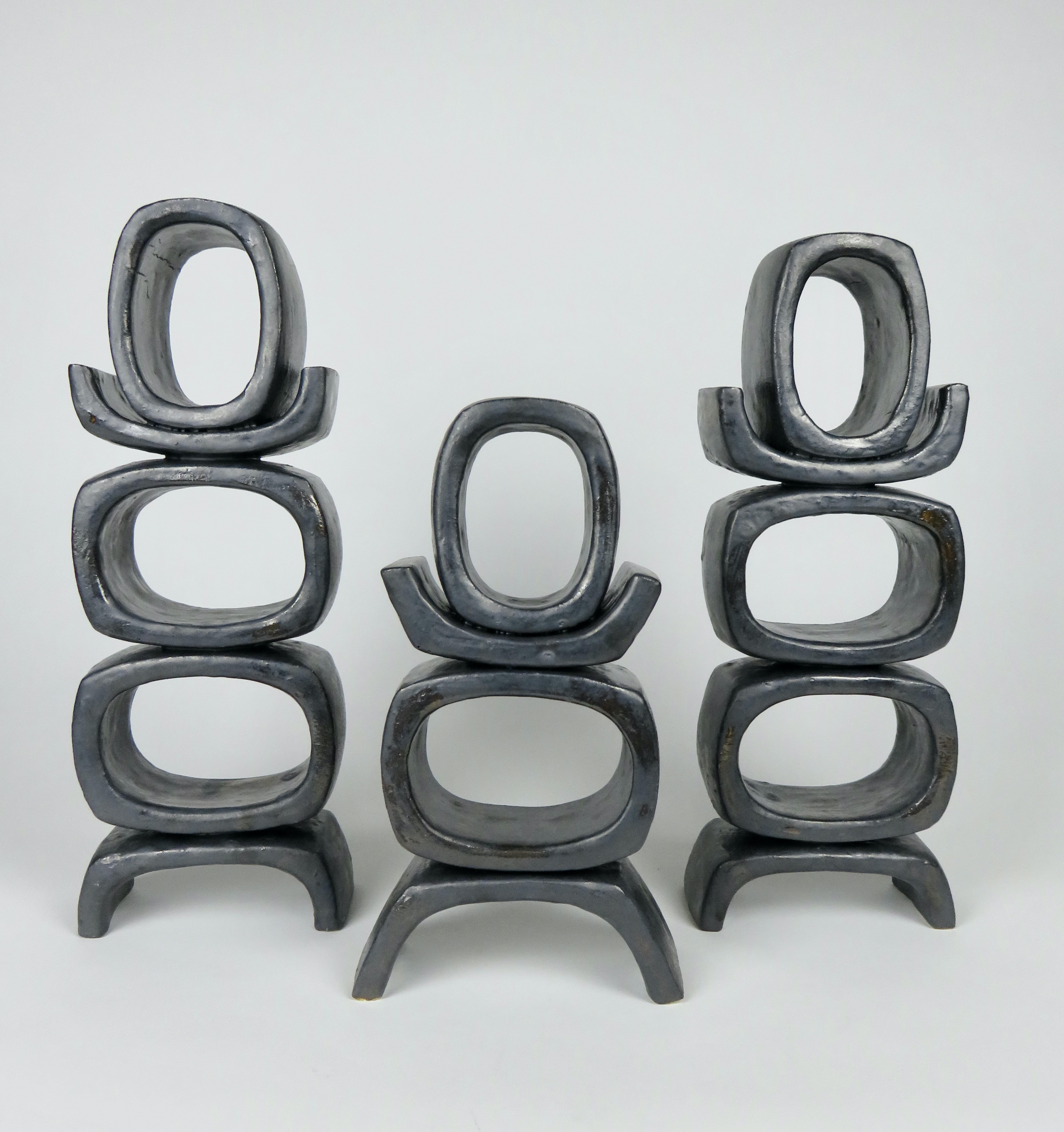 3 Rectangular Ovals on Short Angled Legs, Metallic Black-Glaze Clay Sculpture #2 For Sale 1