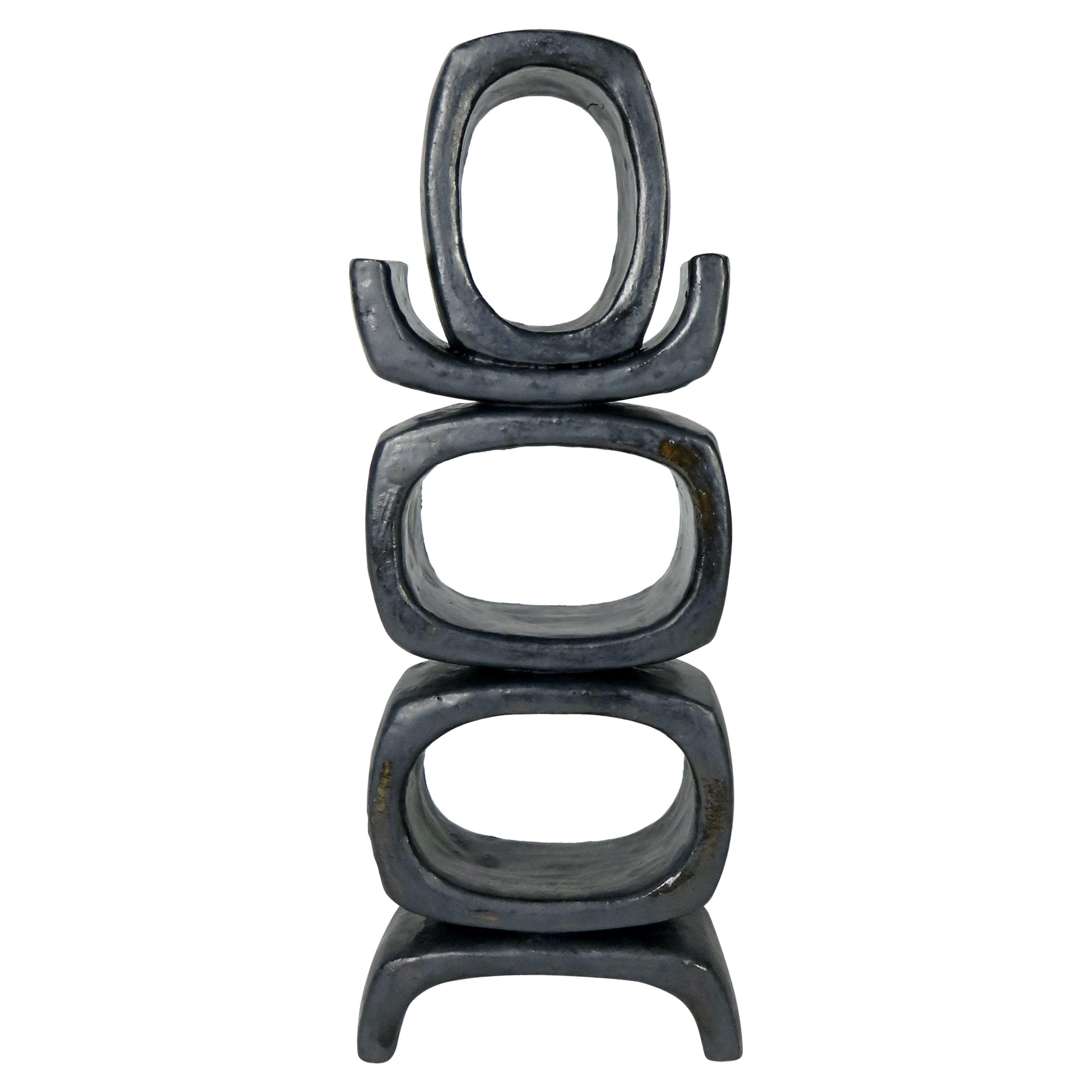 3 Rectangular Ovals on Short Angled Legs, Metallic Black-Glaze Clay Sculpture #2