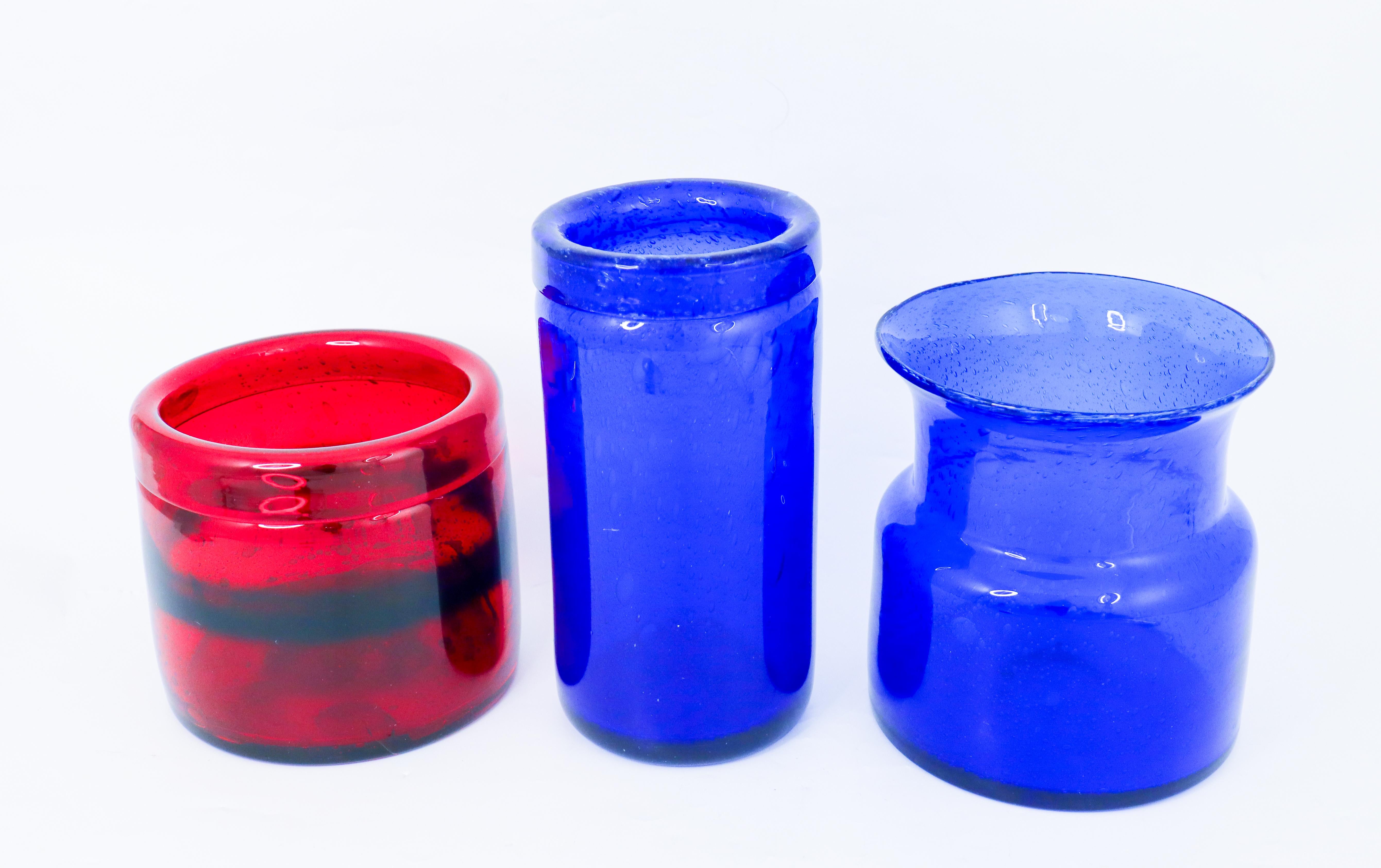 Swedish 3 Red & Blue Glass Vases - Boda Sweden - Erik Höglund - 1960s Midcentury Modern For Sale