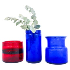 3 Red & Blue Glass Vases - Boda Sweden - Erik Höglund - 1960s Midcentury Modern