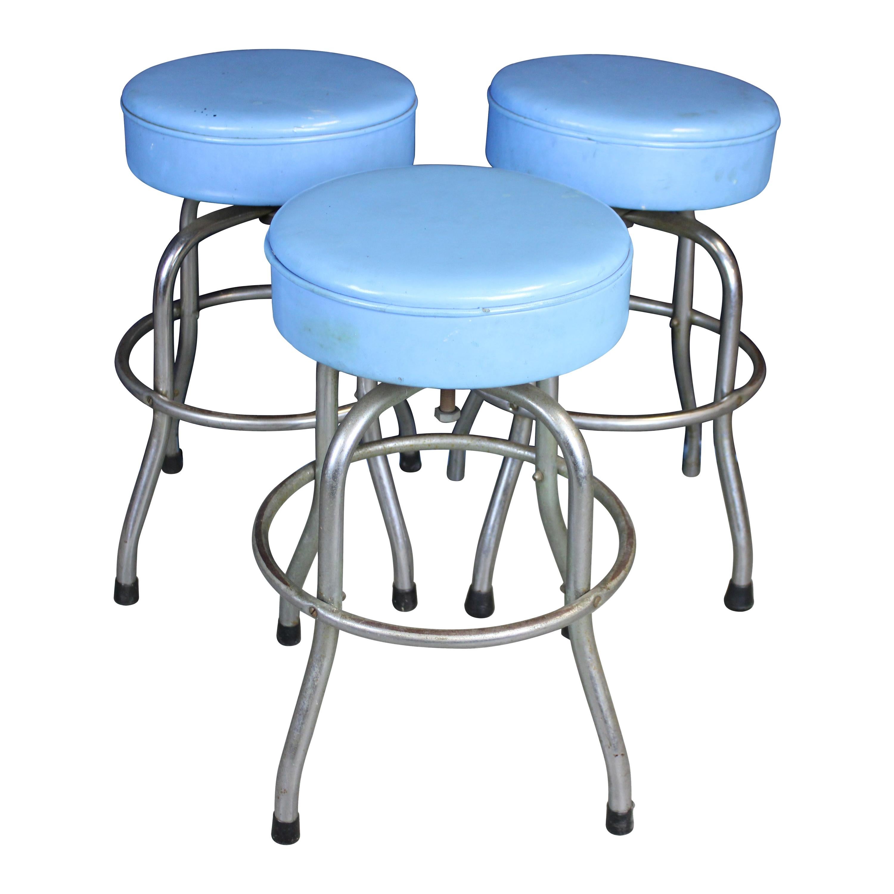 3 Retro Blue Leather Chrome Industrial Swivel Bar Diner Soda Fountain Stools