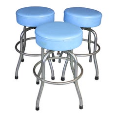 3 Vintage Blue Leather Chrome Industrial Swivel Bar Diner Soda Fountain Stools