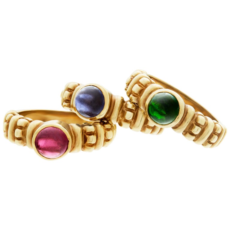 3 Ring Stack in 18k Yellow Gold with Cabochon Tourmalines For Sale at ...