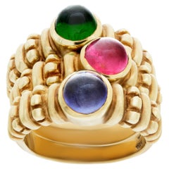 Vintage 3 Ring Stack in 18k Yellow Gold with Cabochon Tourmalines