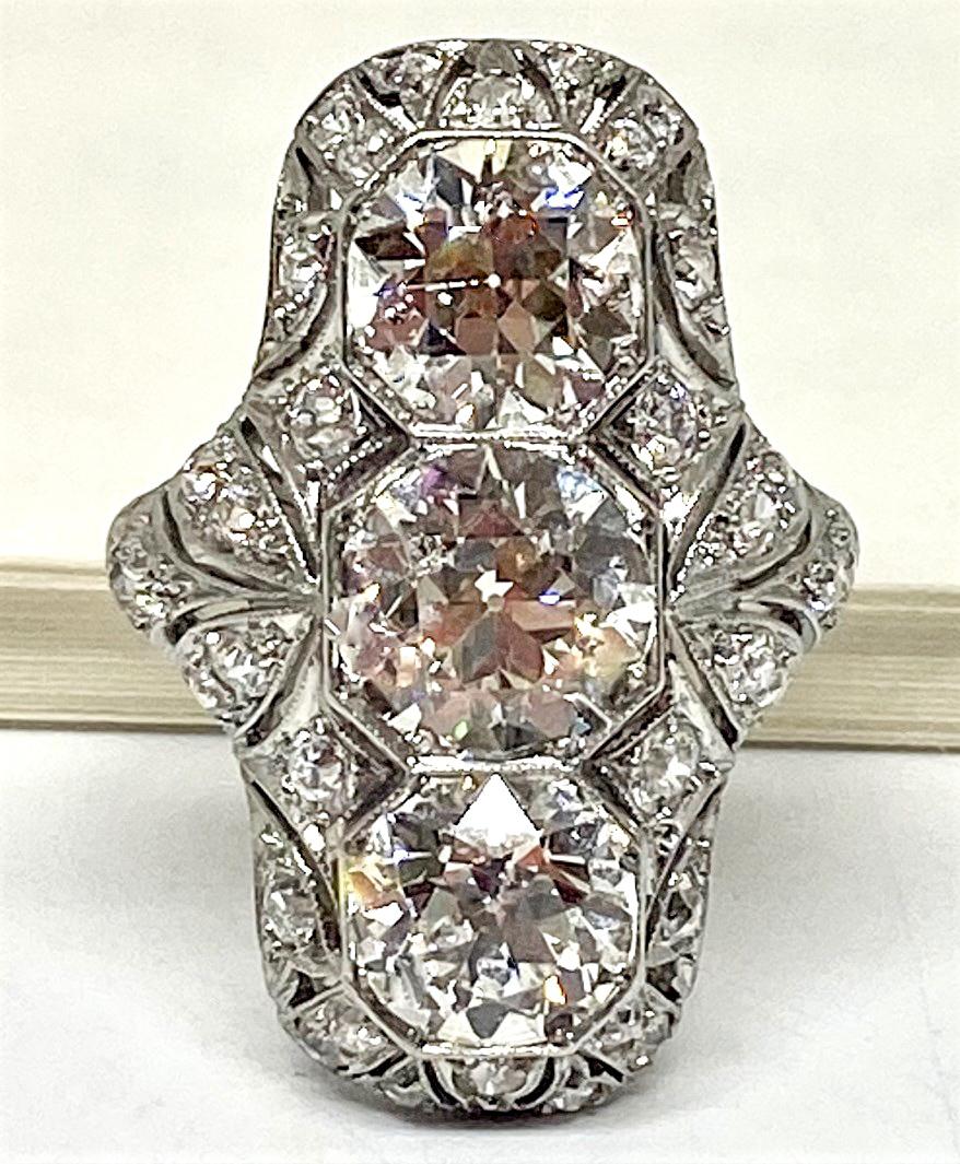 3 Round Cut Diamond Antique Style Cocktail Ring in Platinum In New Condition For Sale In Houston, TX