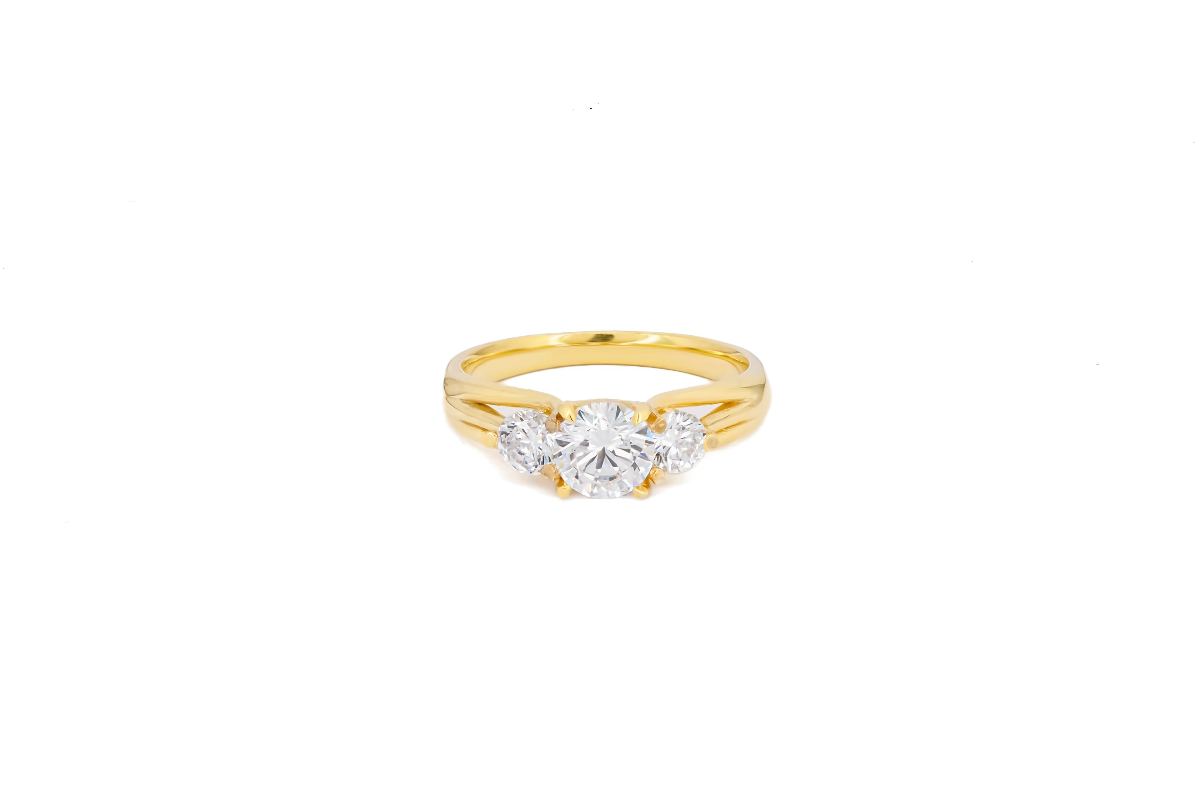 Modern 3 round moissanite 14k gold engagement ring. For Sale