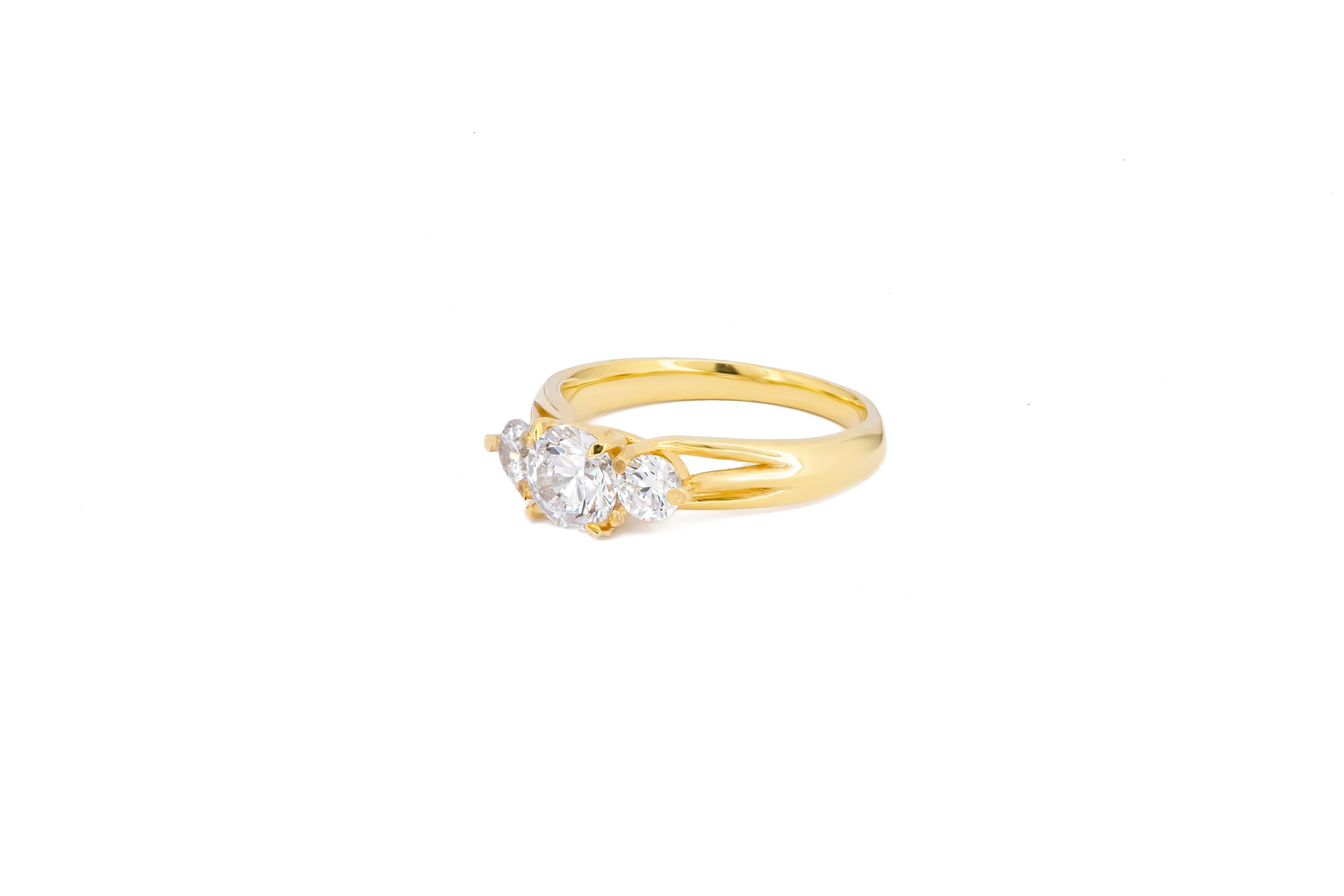 Women's 3 round moissanite 14k gold engagement ring. For Sale