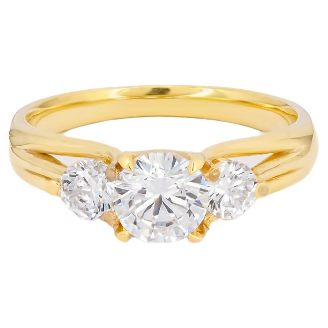 3 round moissanite 14k gold engagement ring. For Sale