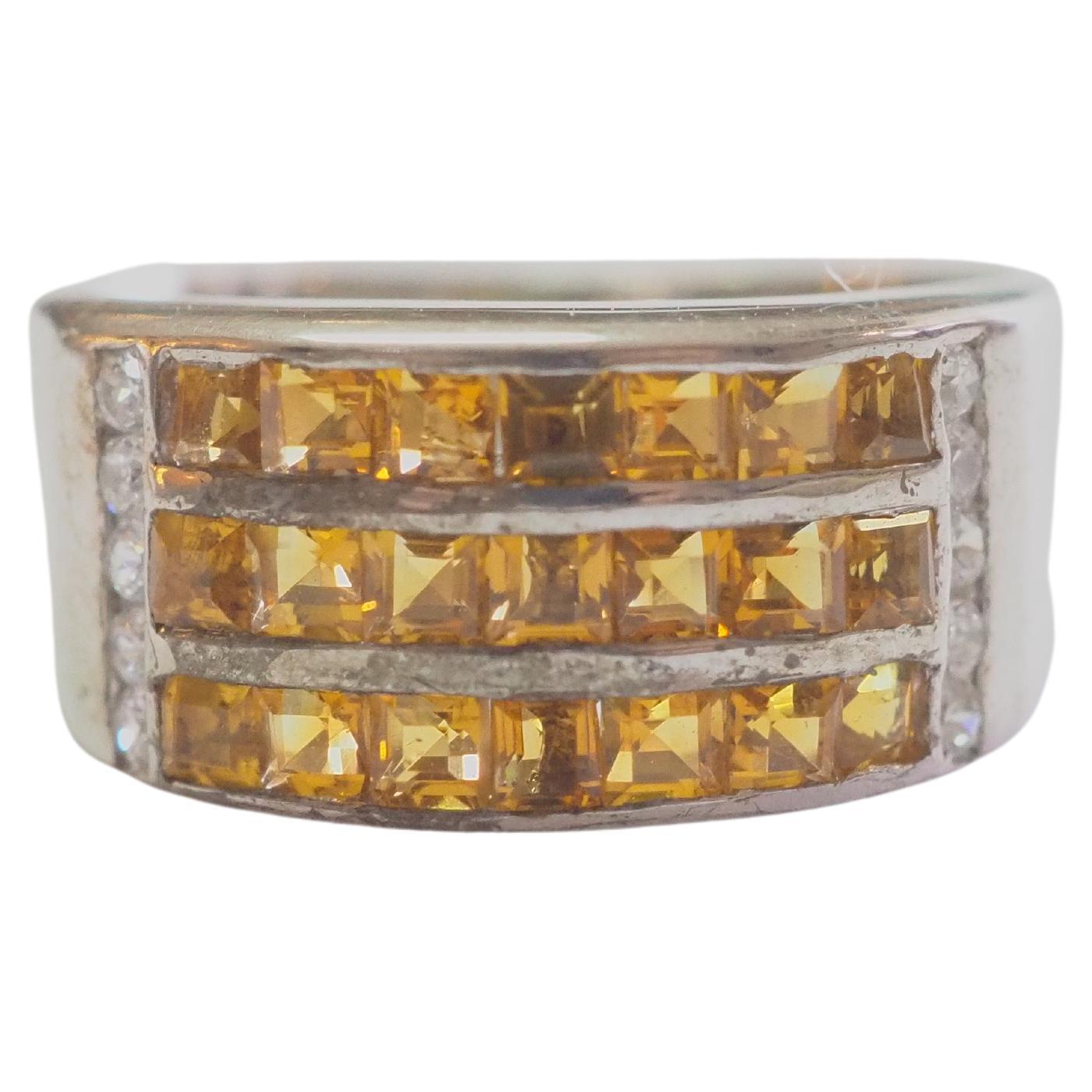 No Reserve- 3 Row 1.10ct Citrine & CZ Band Sterling Silver Ring For Sale