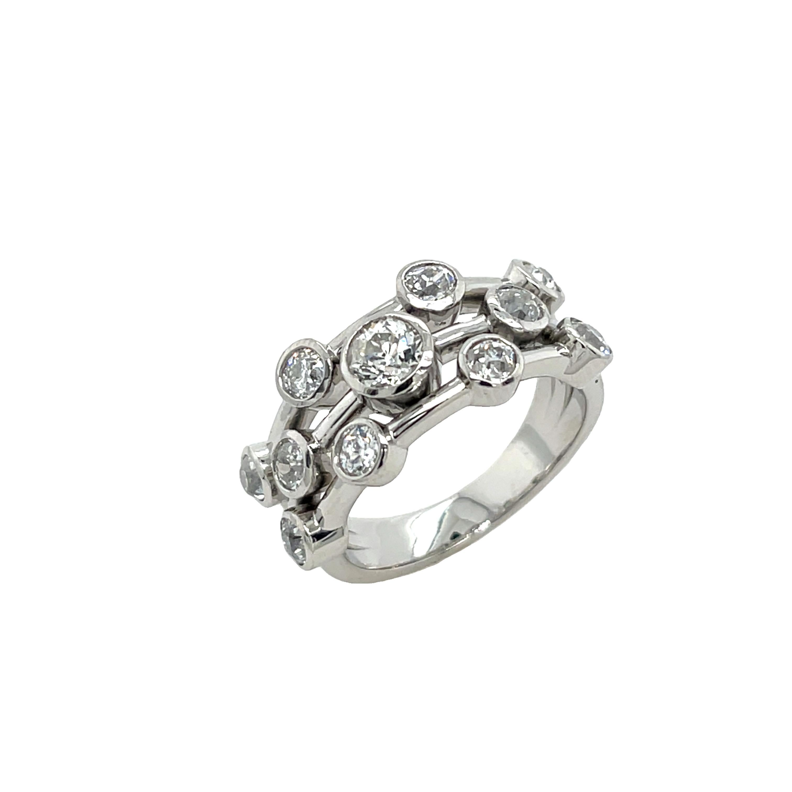 3 Row, 1.50ct Victorian Cut Diamond Ring Set In Platinum with 11 Victorian Cut Diamonds.

Additional Information:
Total Diamond Weight: 1.50ct 
Diamond Colour: G/H
Diamond Clarity: SI
Total Weight: 10.9g
Ring Size: M
Width of Band: 3.64mm
Width of