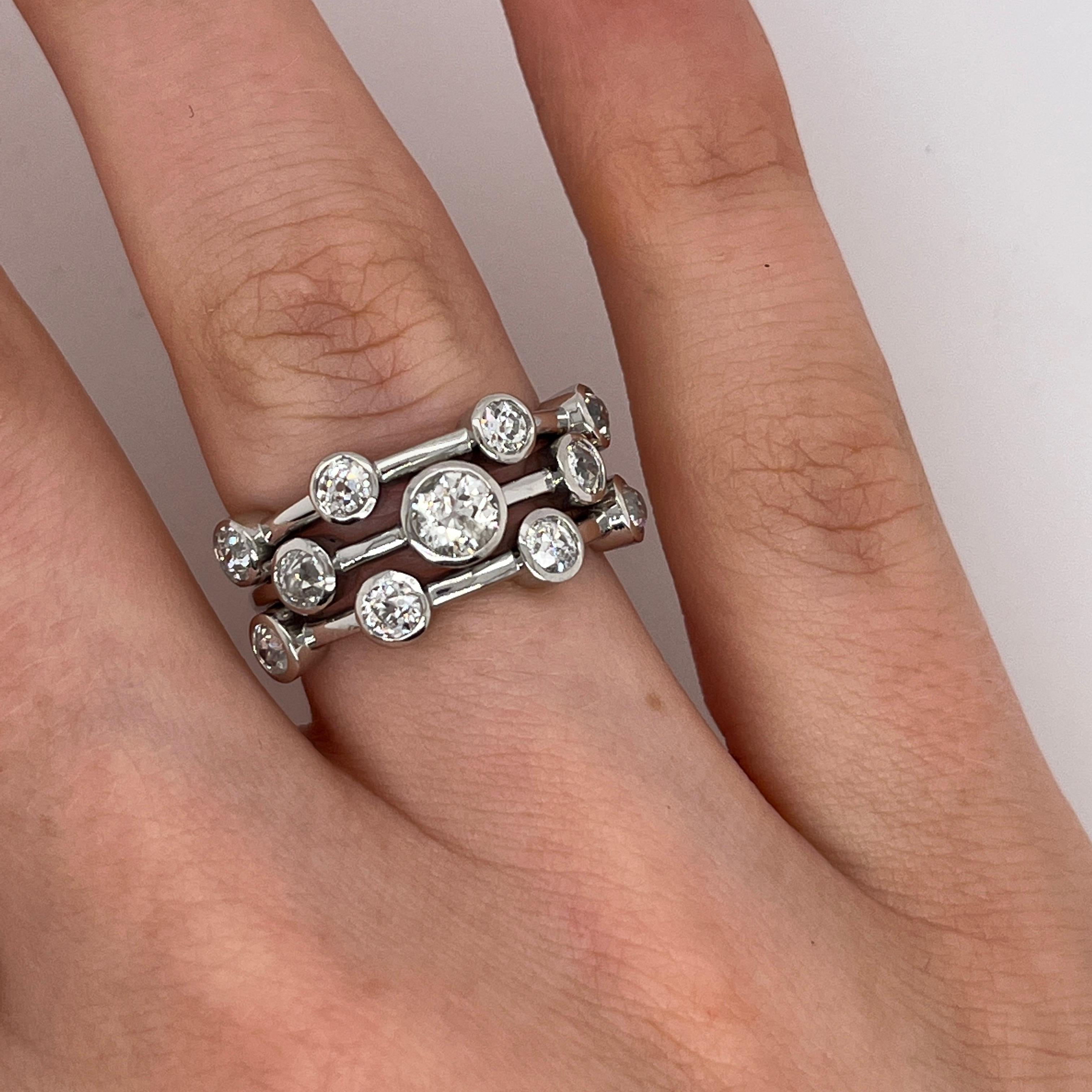 Rough Cut 3 Row, 1.50ct Victorian Cut Diamond Ring Set in Platinum For Sale