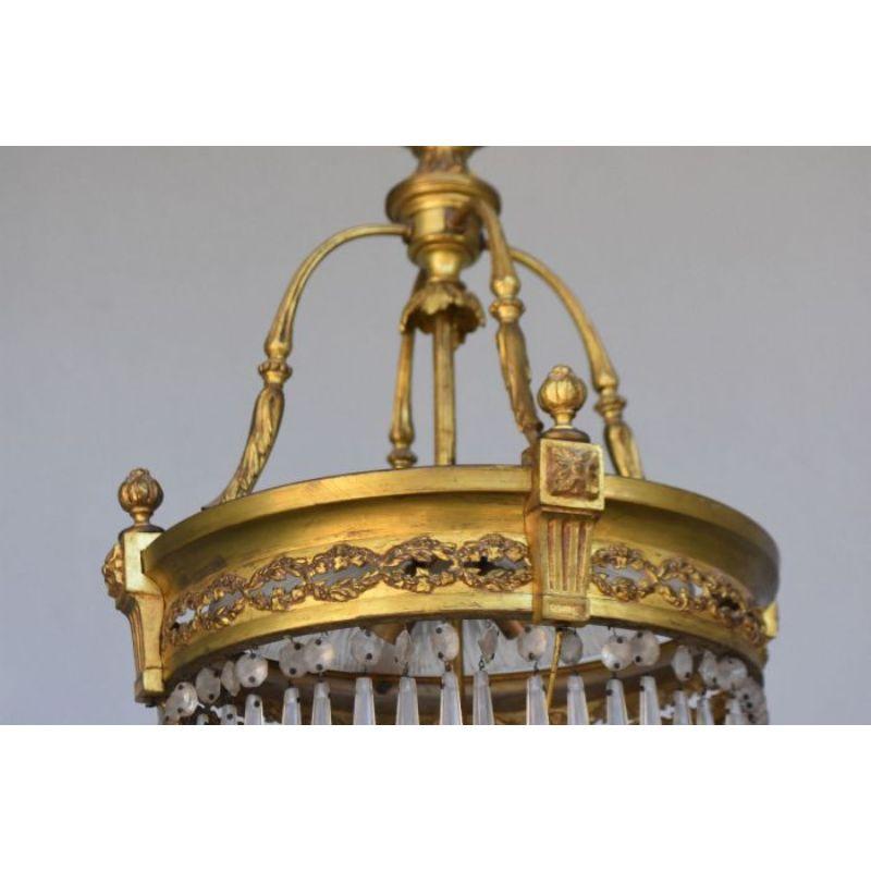 Gilt 3-Row Basket Chandelier in Gilded Bronze with Pendants For Sale