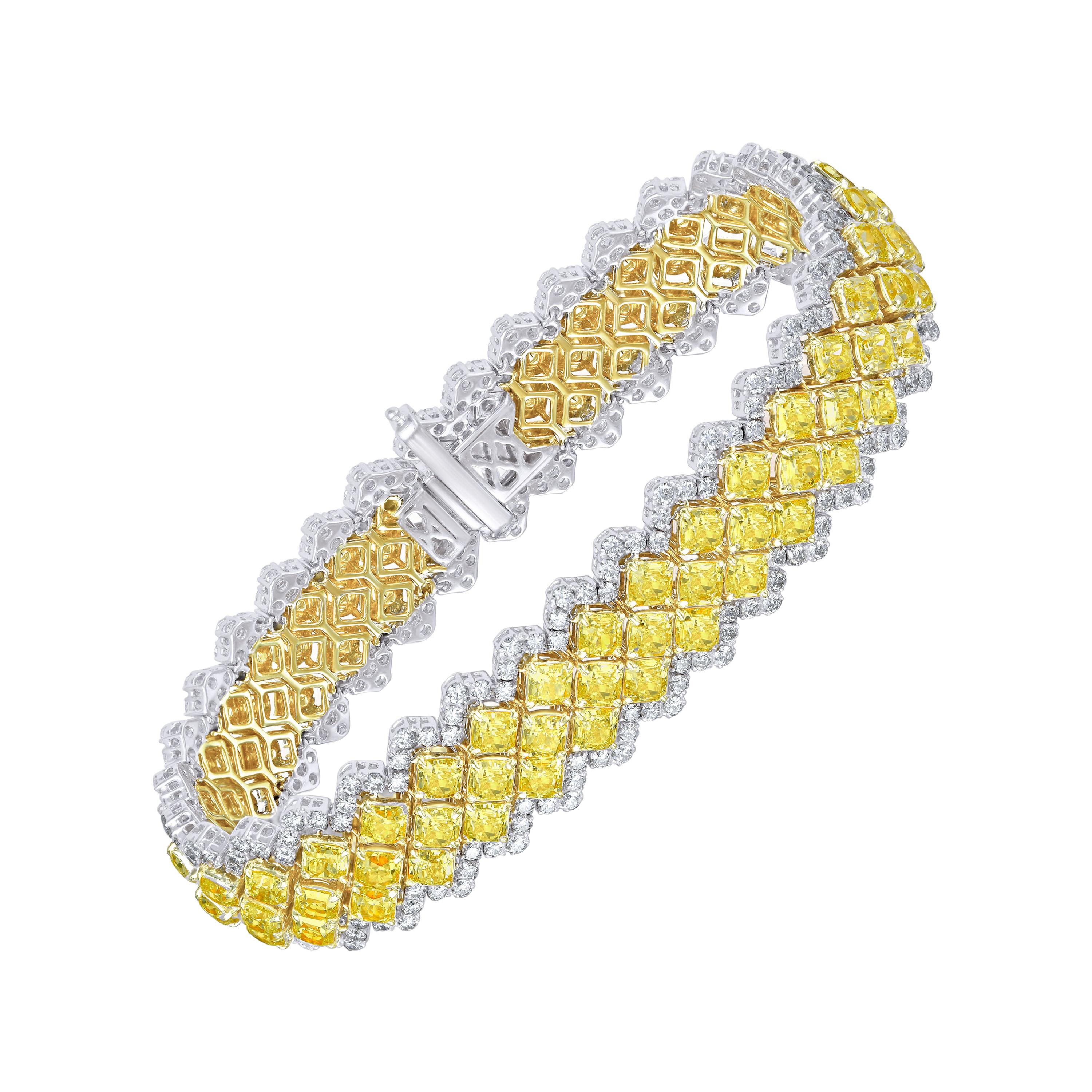3-Row Canary Yellow Diamond Tennis Bracelet, 15.31 Carat For Sale