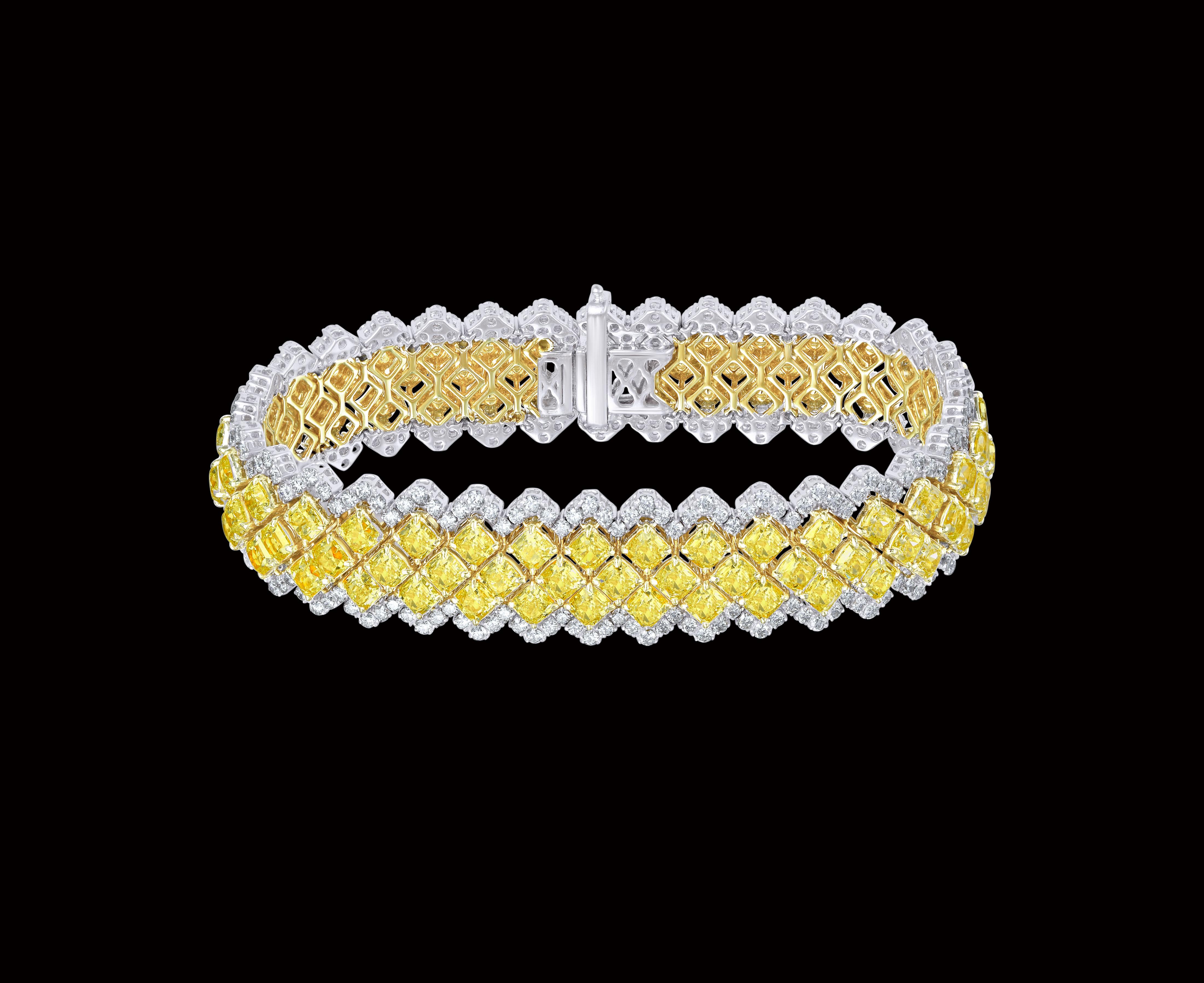 Enthralling Fancy Yellow Radiant 3 row  tennis bracelet. Yellow radiant diamonds manufactured with precision to match each other, accompanied by matching white round diamonds & 18k gold to give you a perfect look for any occasion you wish to dazzle.