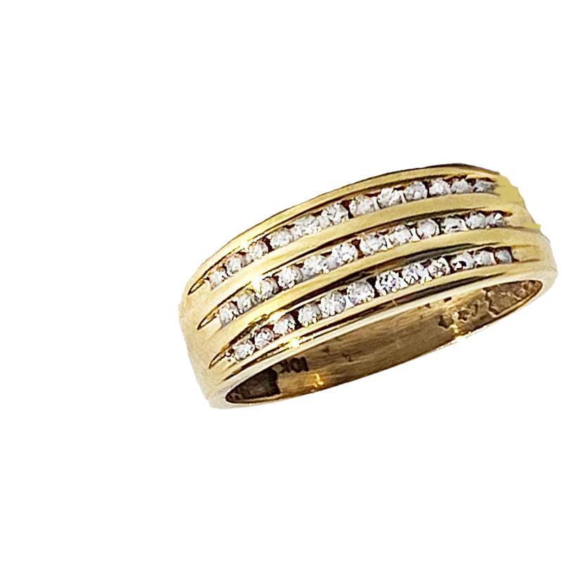 3 Row Channel Diamond Band Yellow Gold Wide Ring For Sale